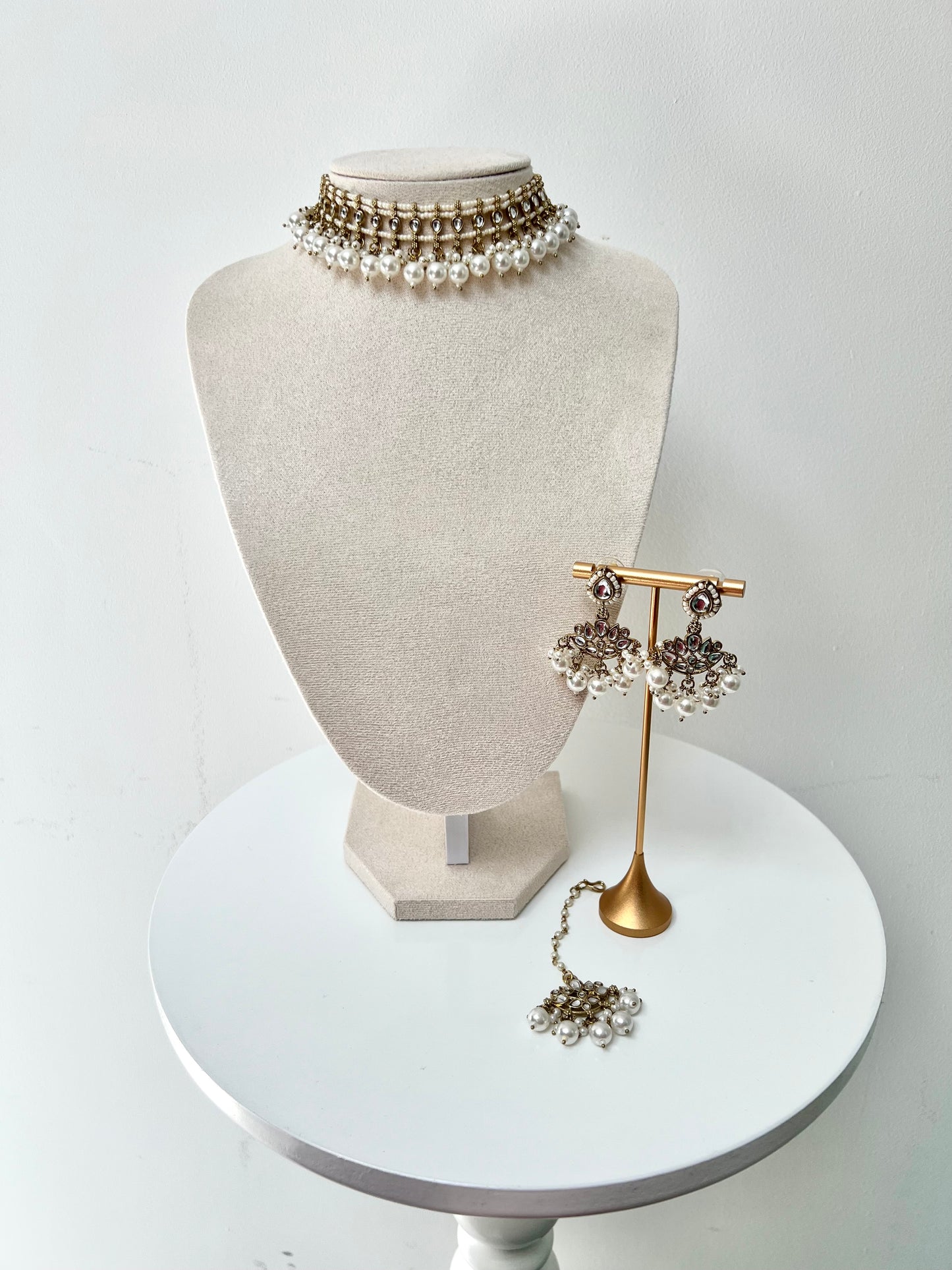 SARELA - Mehndi plated white pearl stoned high band necklace with matching jhumkas and tikka N3294