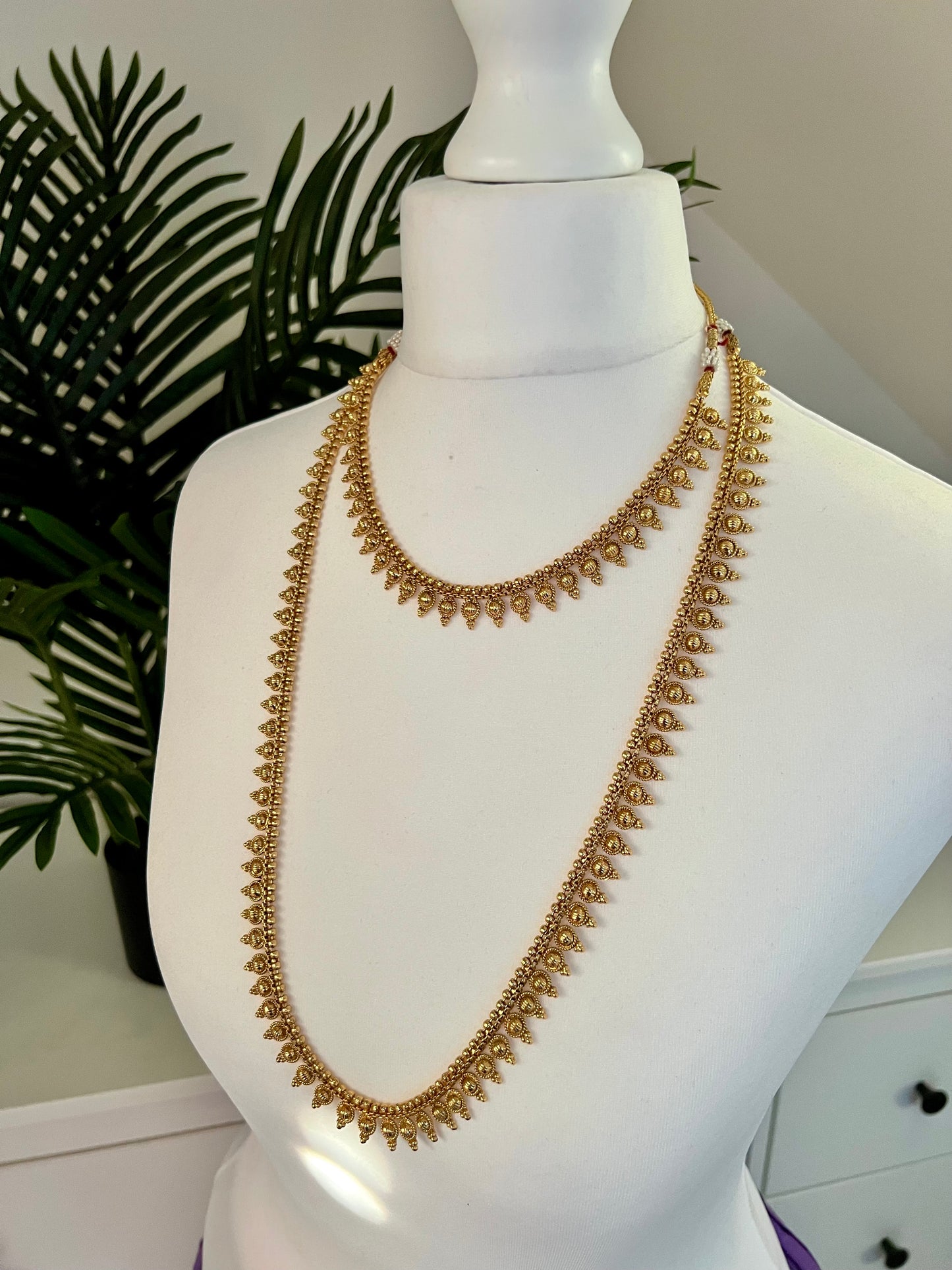 SAVIA - Antique simple long and short gold plated necklace set with earrings and tikka N3020