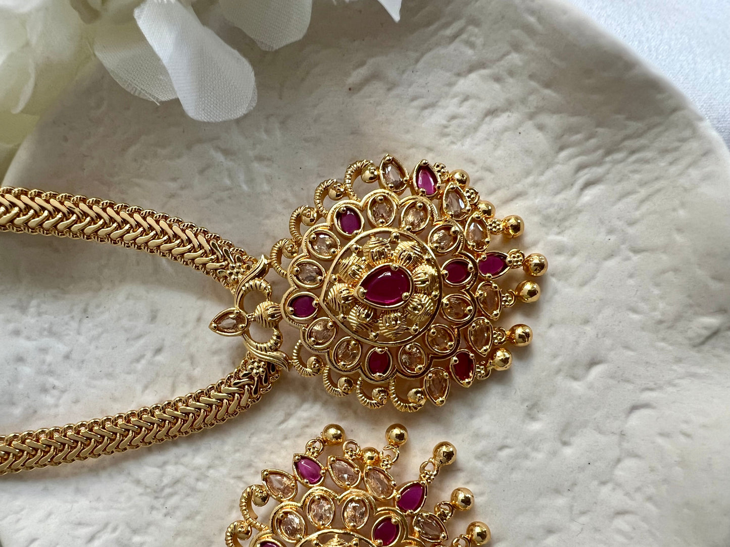 KALAI - Golden long and short ruby stoned necklace set N3071