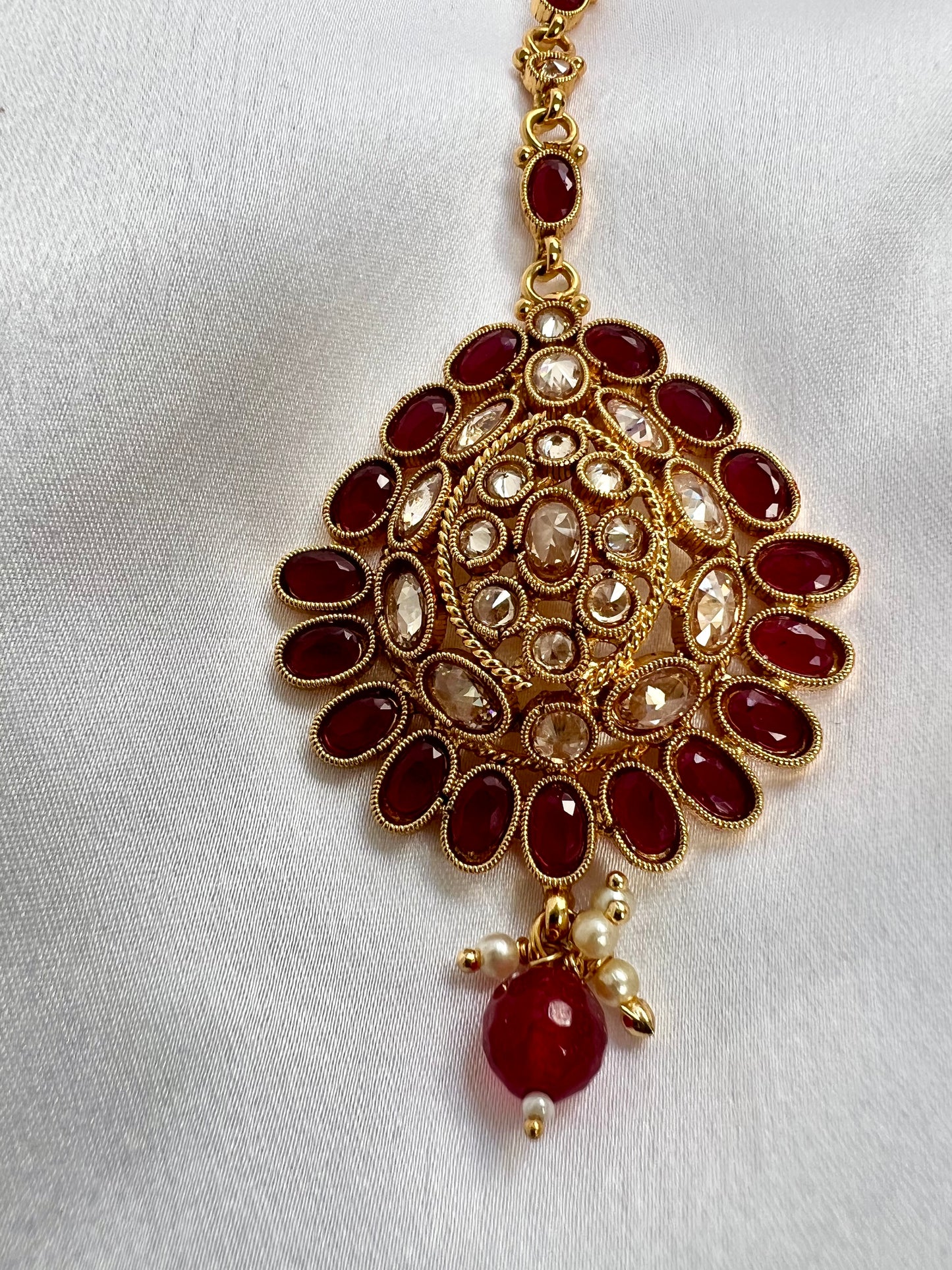 Gold plated ruby clear stone white pearl maang tikka T3011
