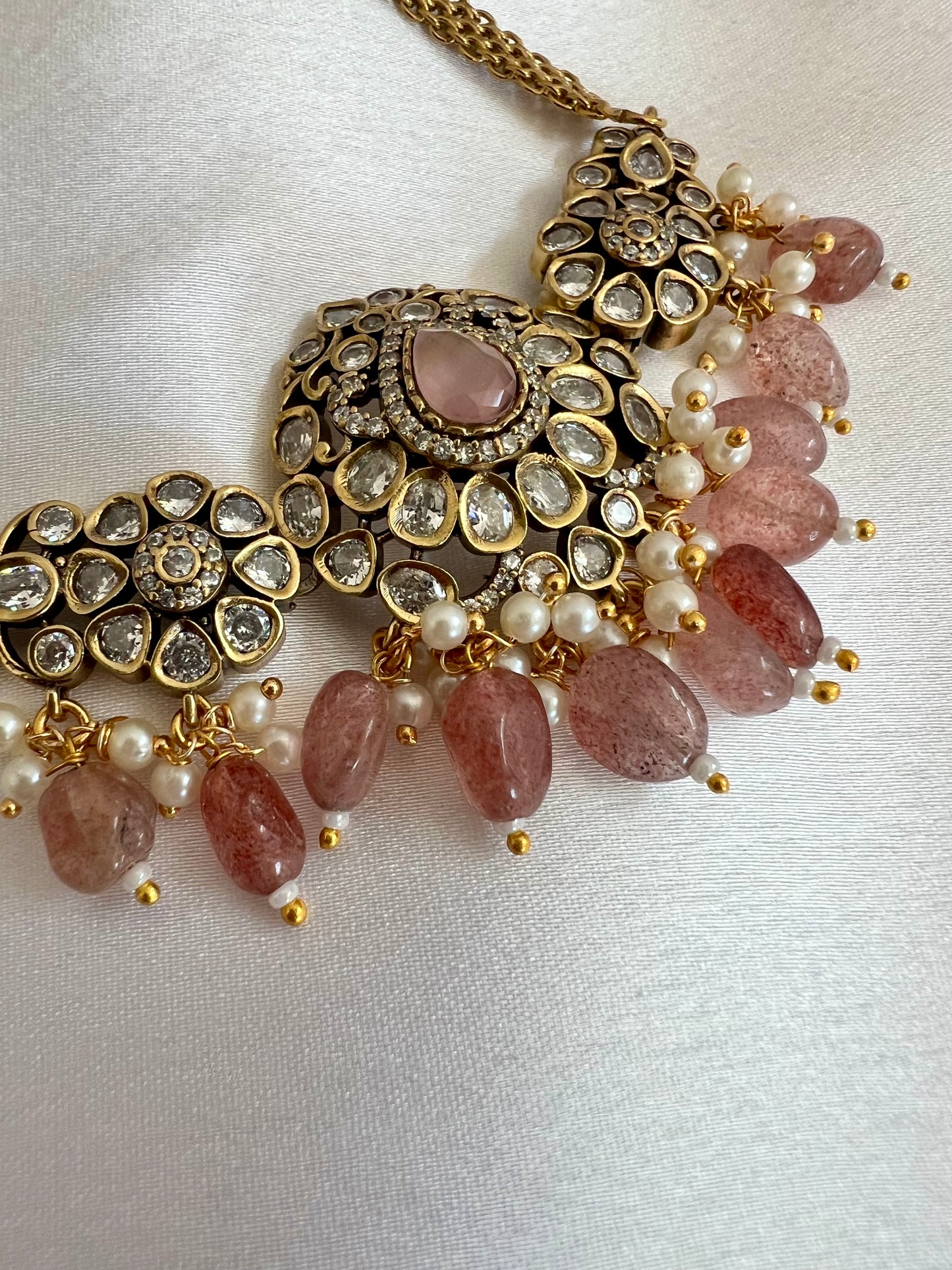 NANDINI - Small antique mehndi plated white stone with pink and white pearl choker and jhumkas N3099