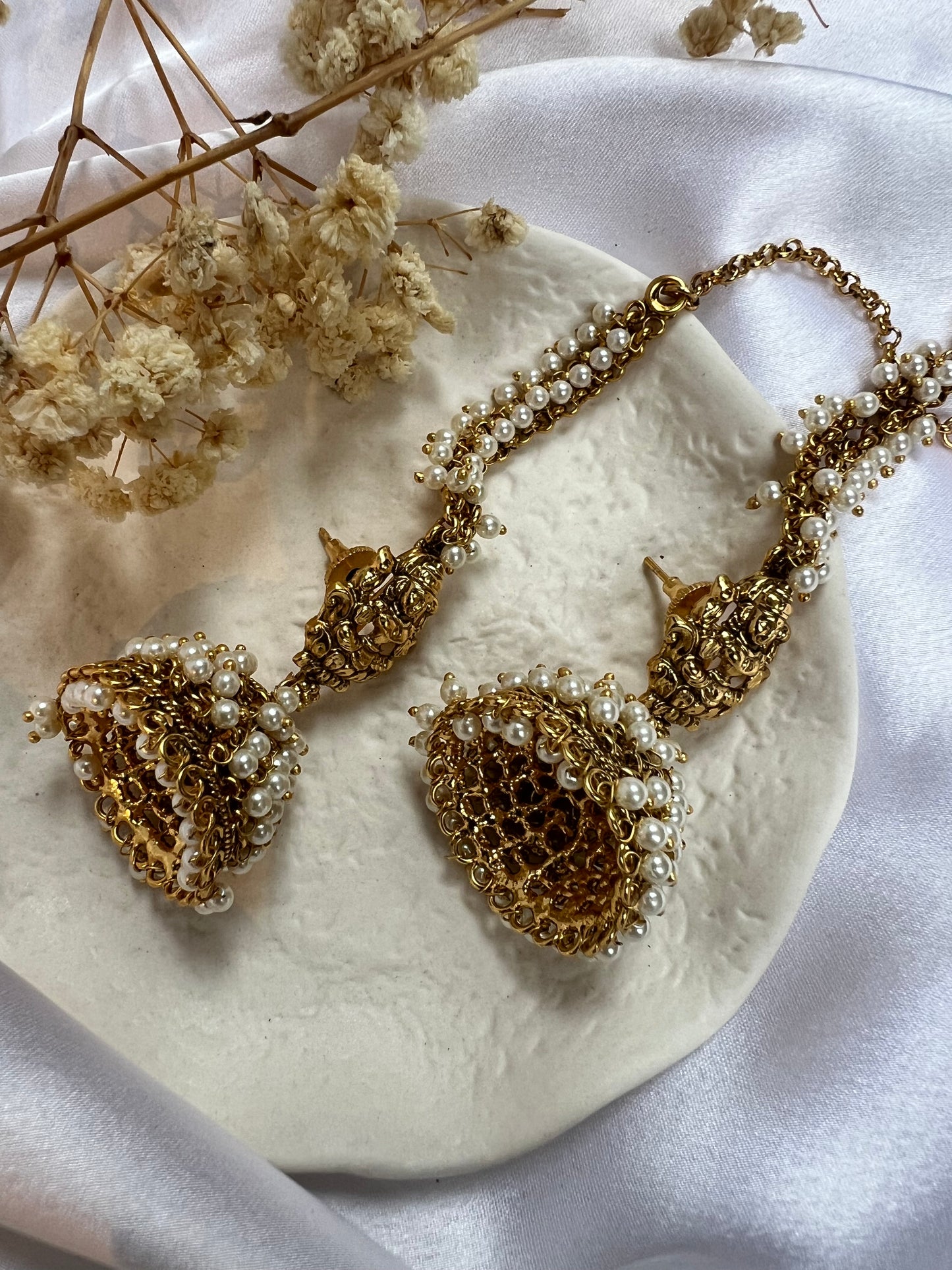 Bridal temple antique pearl jhumka earrings E3040