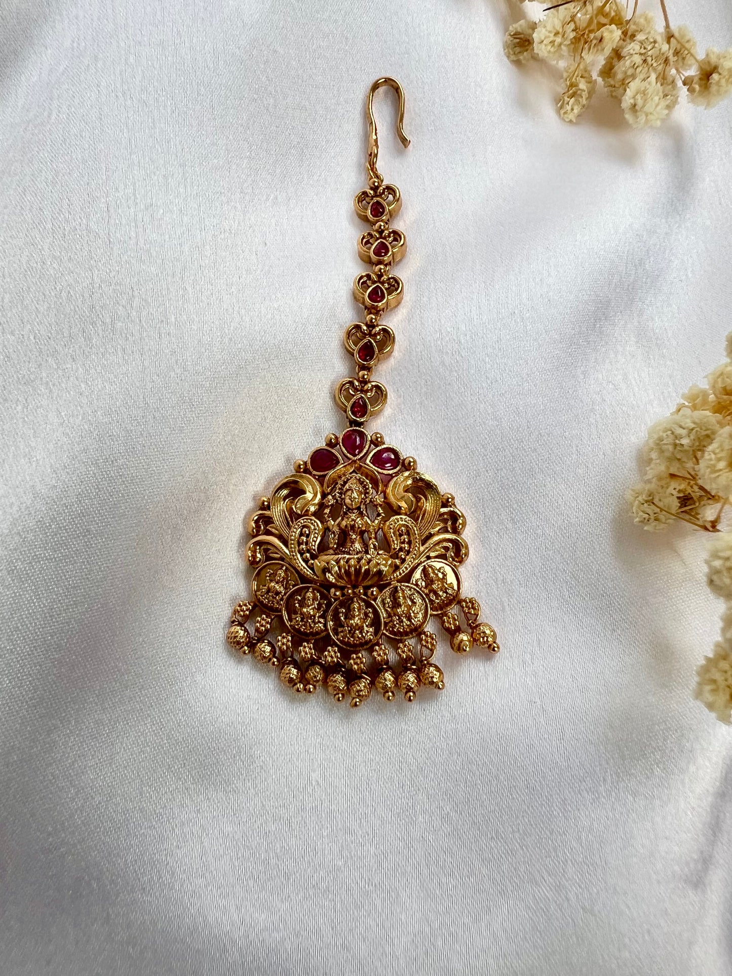 Antique temple matte gold plated ruby stone maang tikka T3012