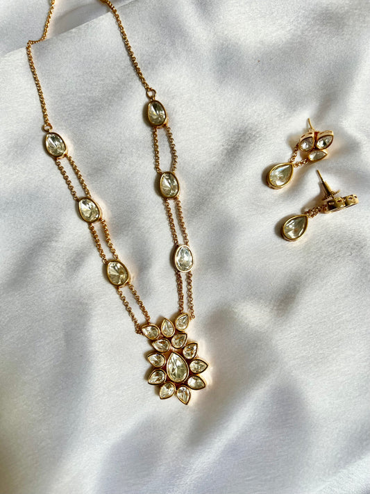 Classic kundan stoned long necklace in rose gold plating, with matching earrings N3272