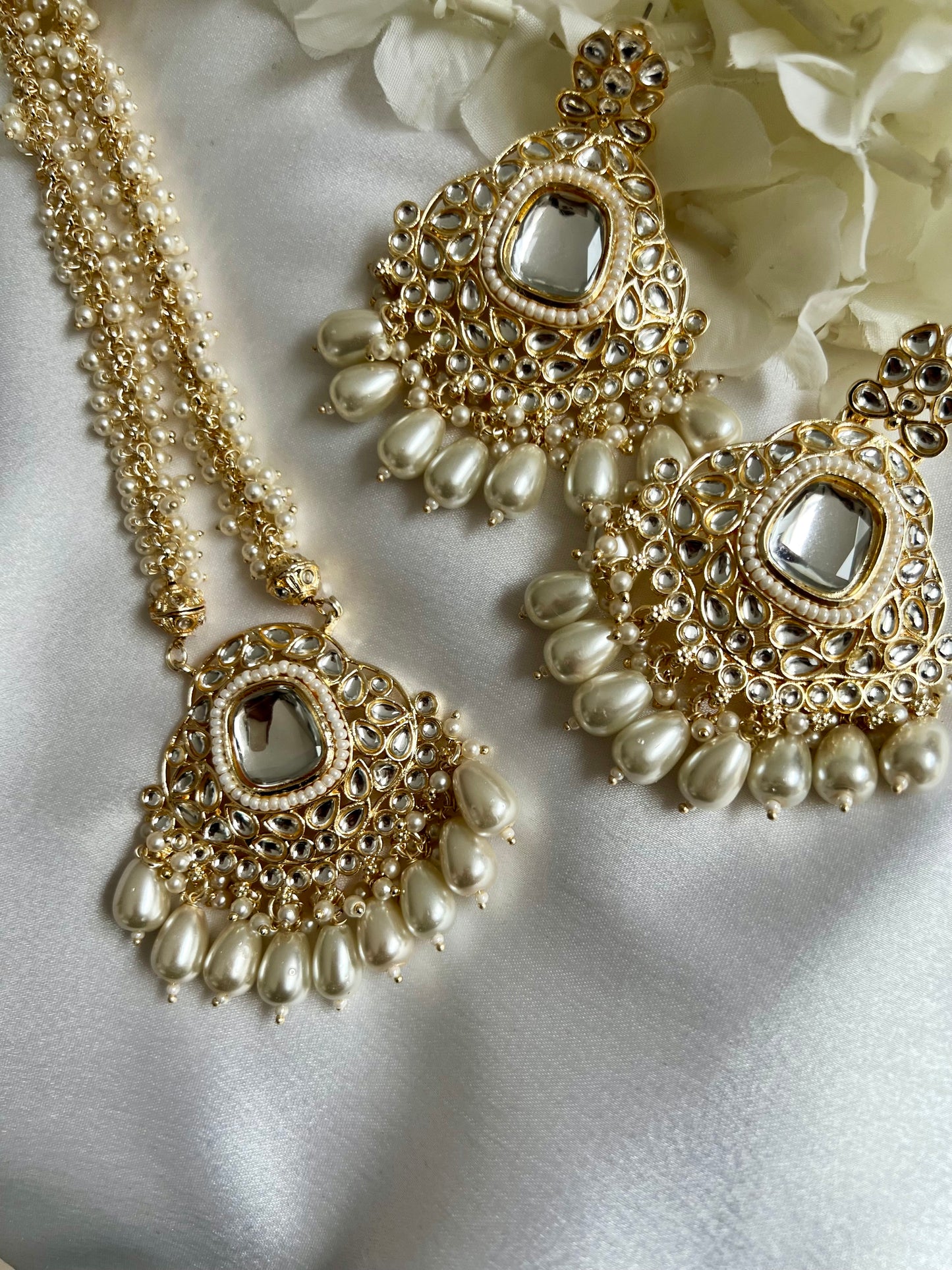 LAVI - Long Kundan style white malai pendant necklace with ivory beads and matching flat earrings N3049