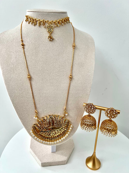 Classic impon pathakam necklace set with dainty choker and jhumkas NR300