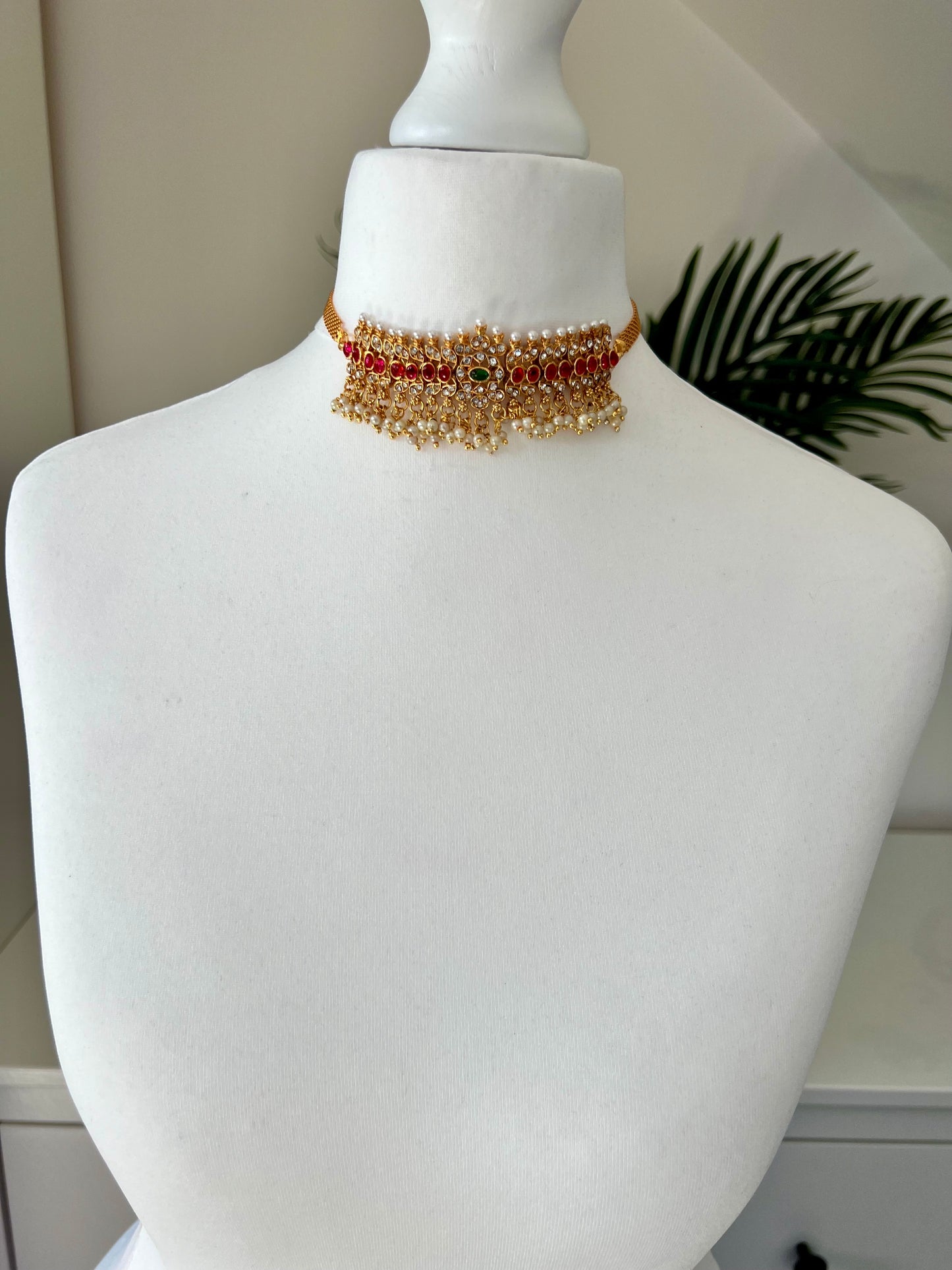 NEHA - Small choker red stoned necklace set with matching earrings N3089