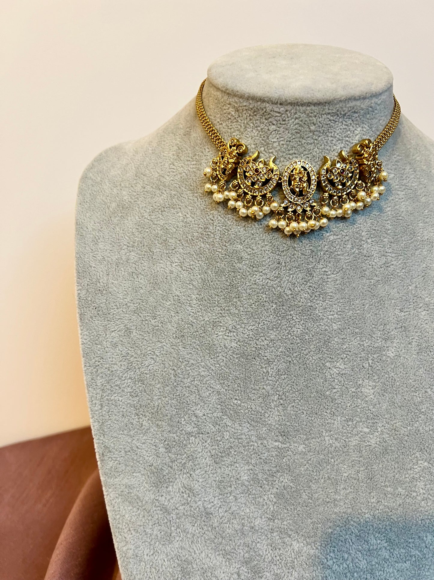 LAVOTHINI - golden temple small choker necklace with small jhumkas N3188