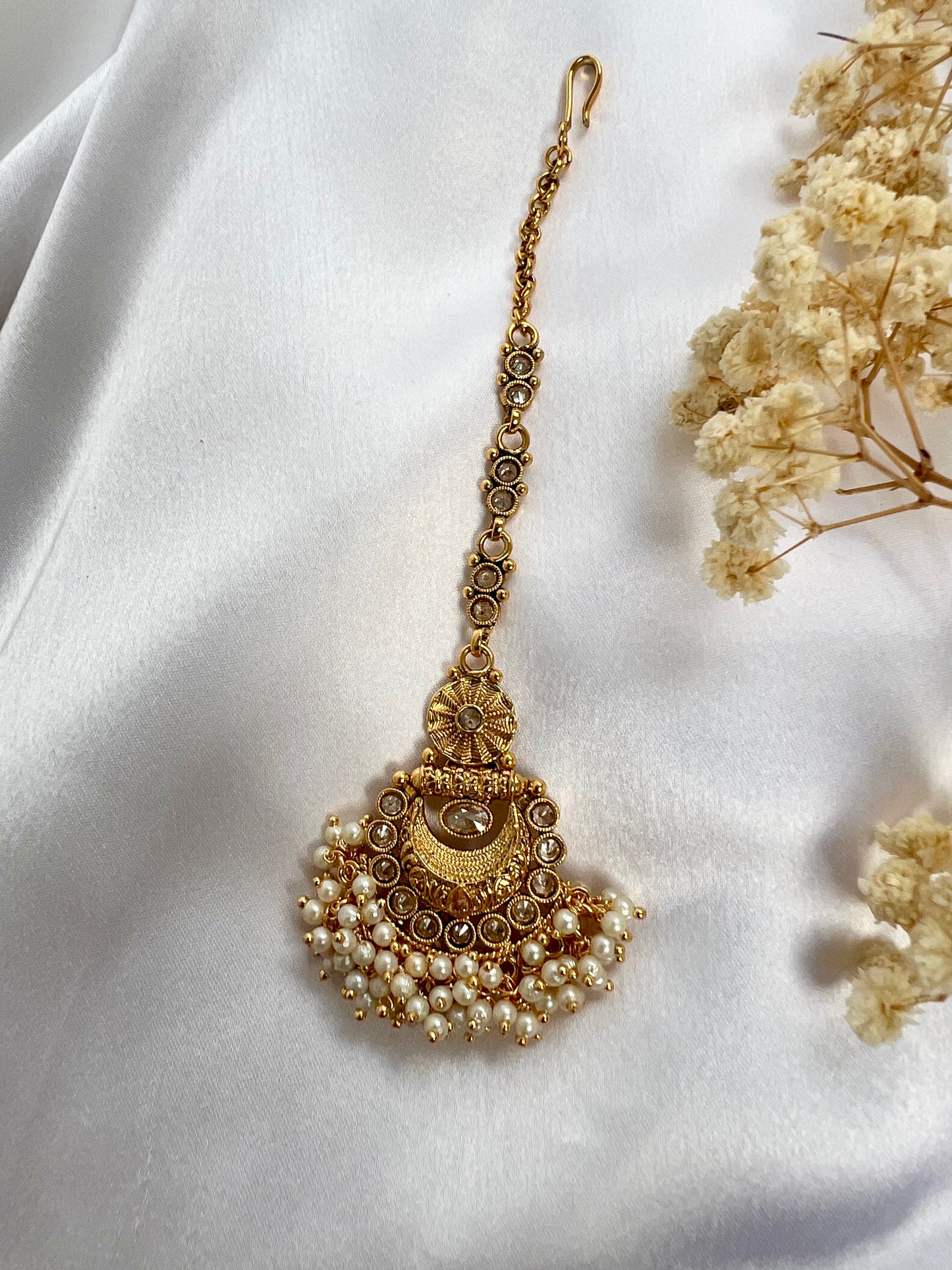 Traditional gold plated clear stones white pearls maang tikka T3005