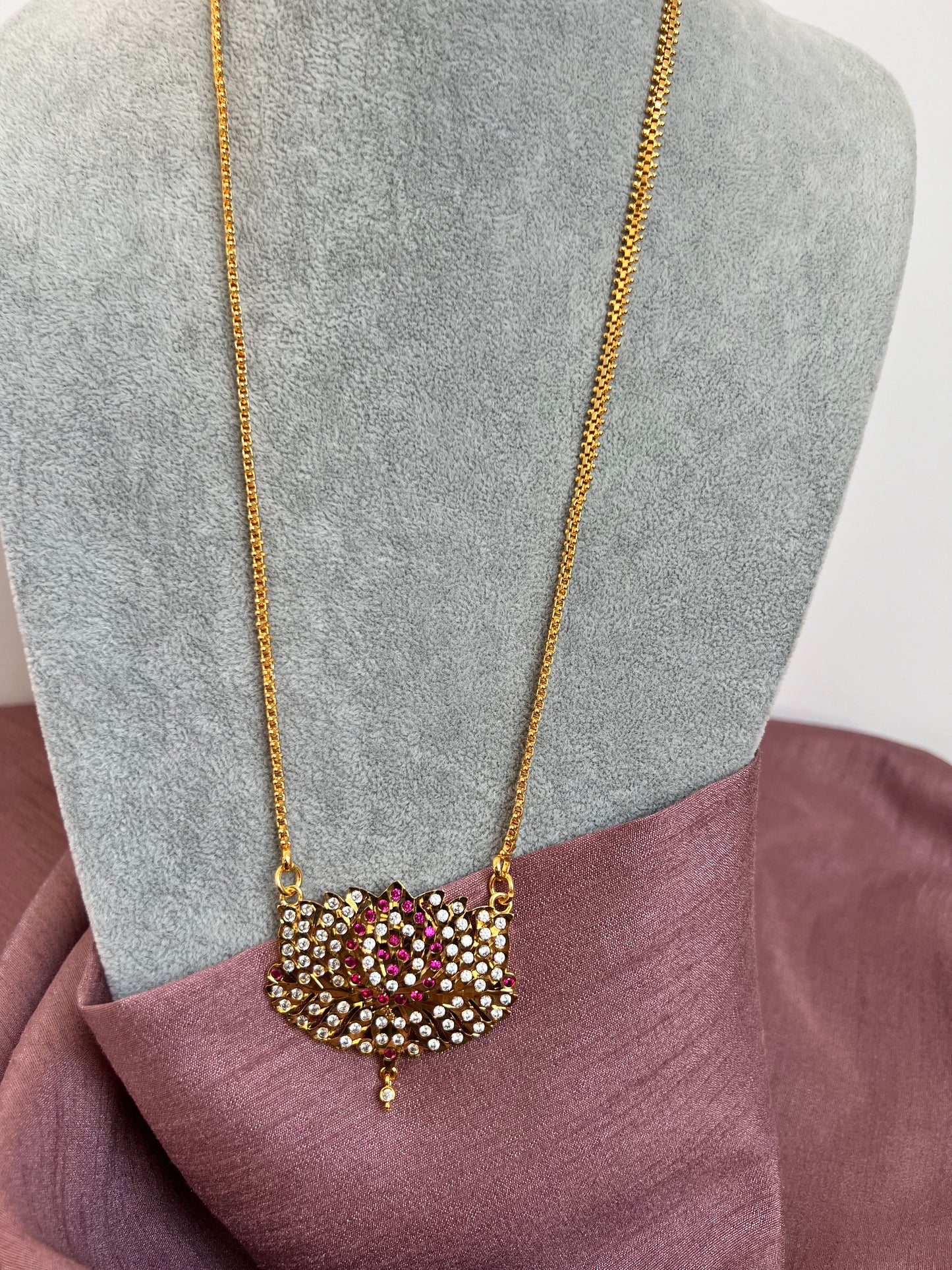 GOWTHAMI - Long ruby white stoned lotus pendant impon necklace N3041