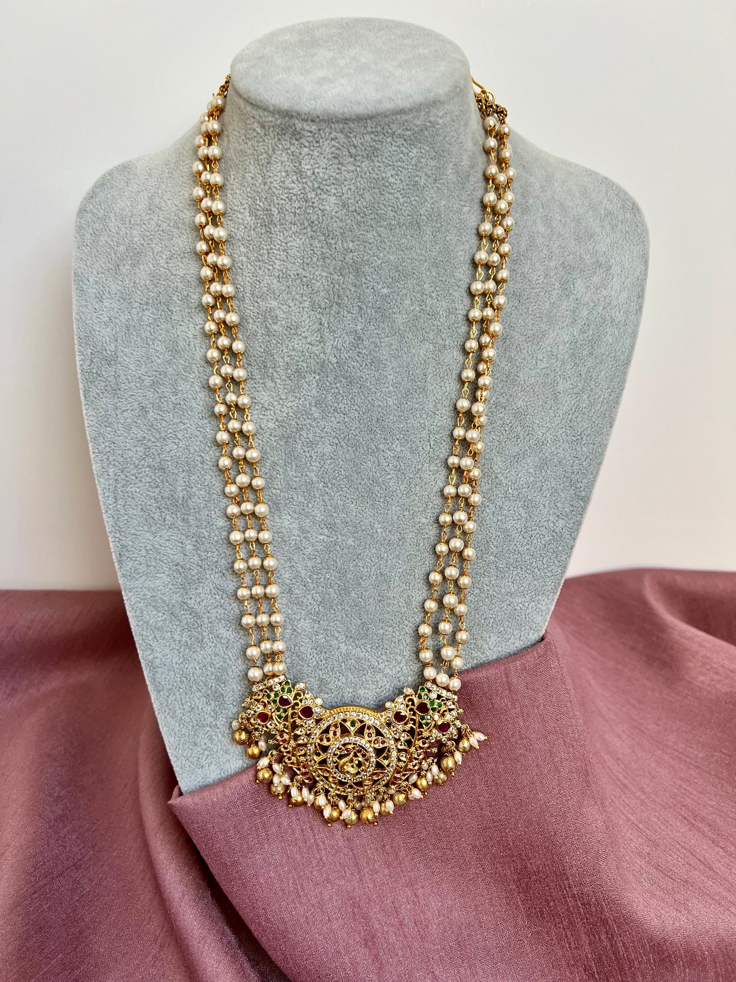 NIVETHA - Long pearl haram necklace set with matching jhumka earrings N3069