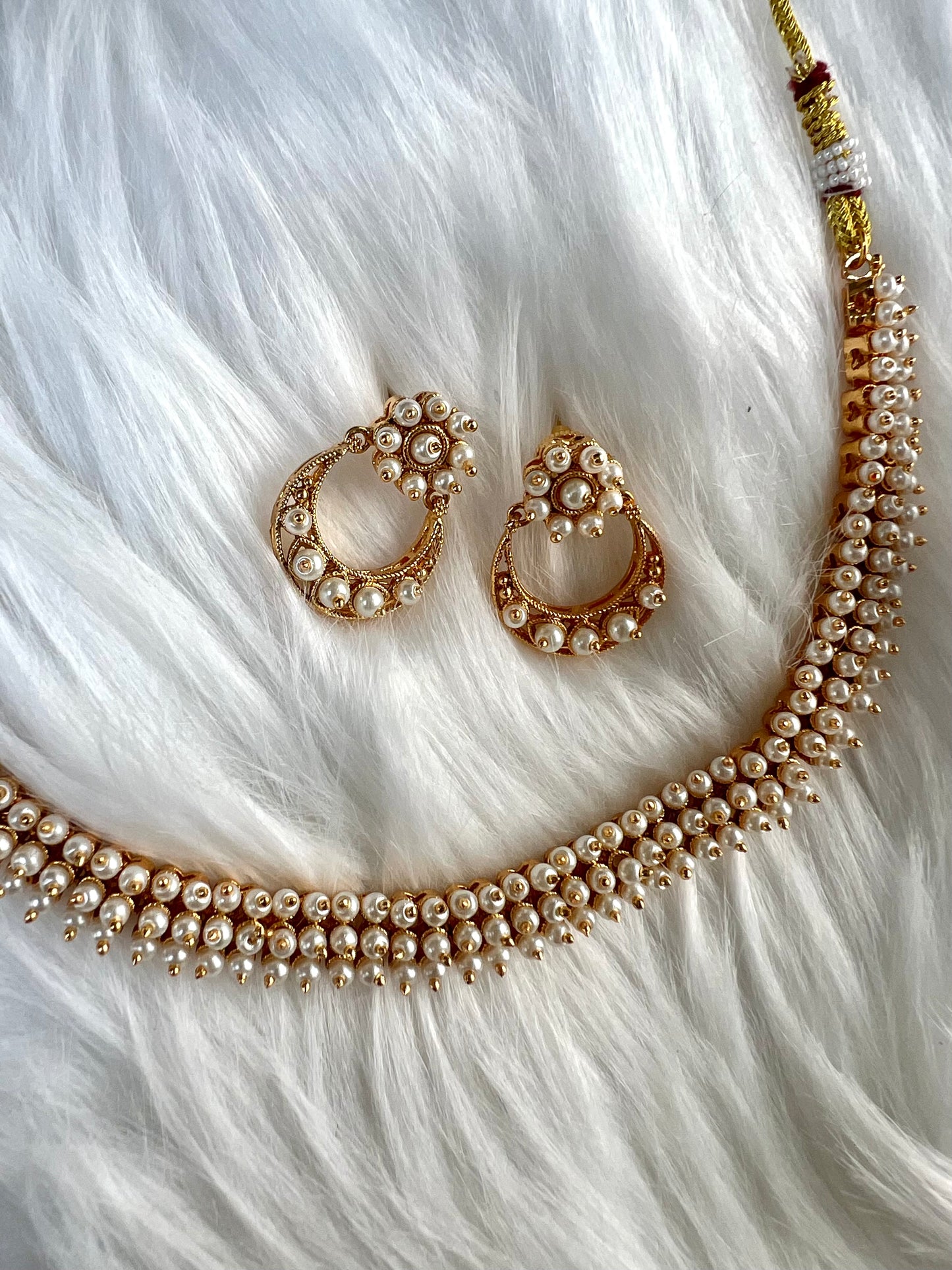 HINA - Simple three layer pearl choker with matching flat earrings N3360