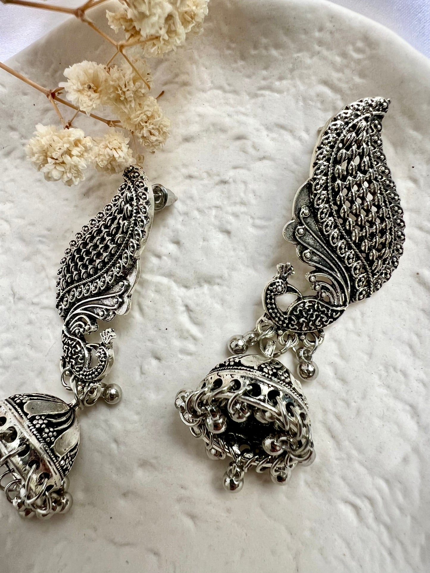 Antique silver long peacock shaped jhumkas earrings E3078