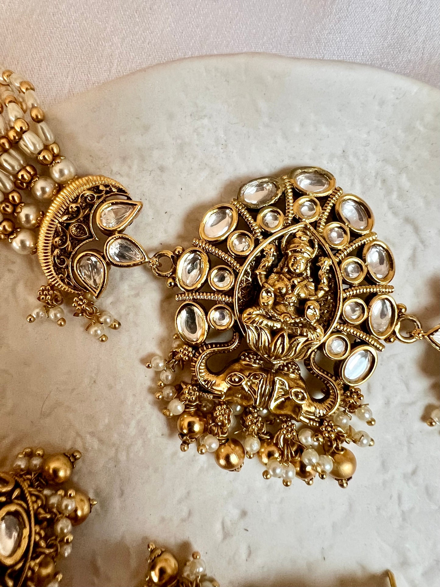 Antique temple pearl choker with golden balls and matching jhumkas N3172