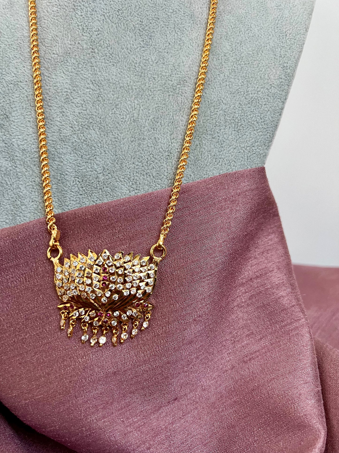 RUBI - Traditional long lotus impon pendant 24 inch with ruby and white N3095