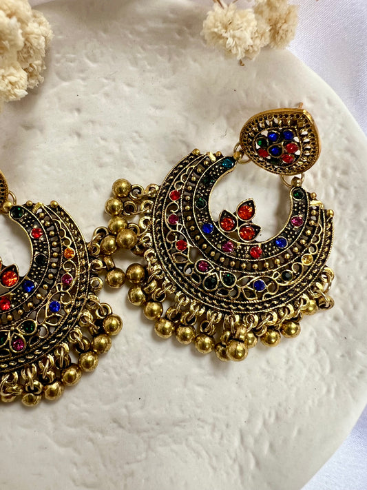 Large Round antique style multicoloured stoned earrings E3072