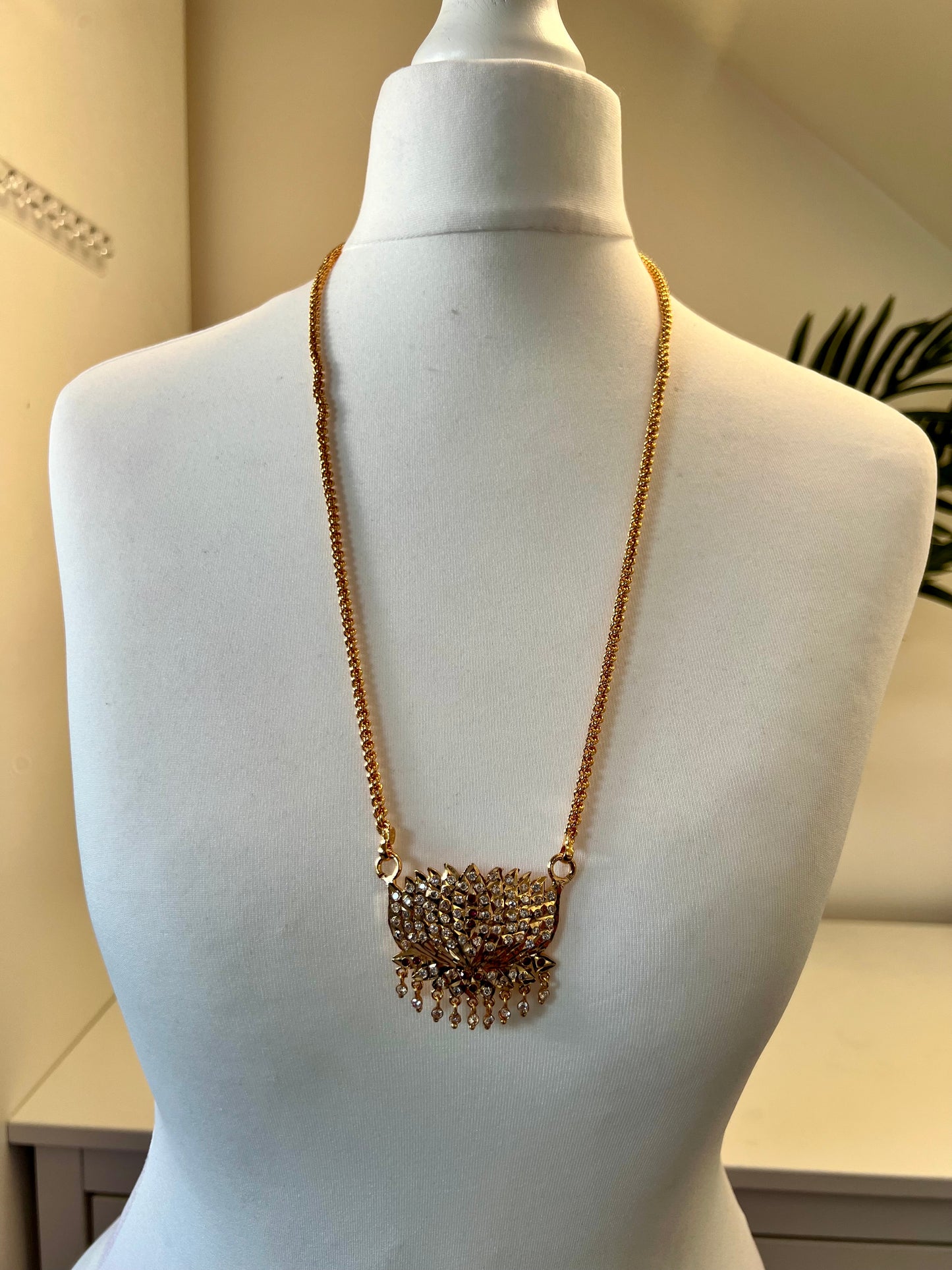 RUBI - Traditional long lotus impon pendant 24 inch with ruby and white N3095