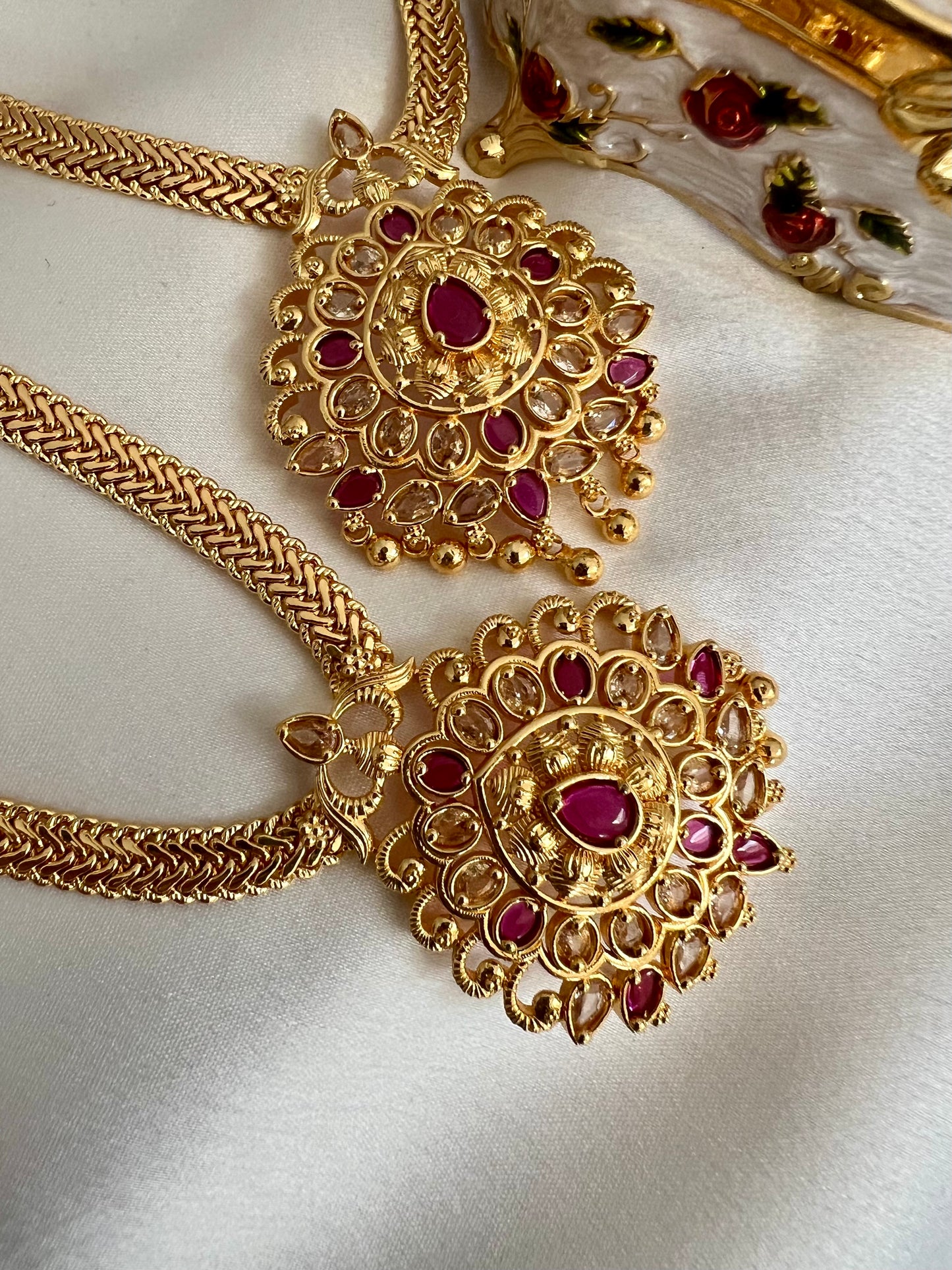 KALAI - Golden long and short ruby stoned necklace set N3071