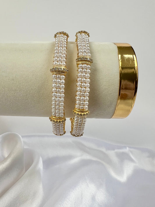 Gold Bangles With Pearls, White Stones and Gold Plating, set of two B3010