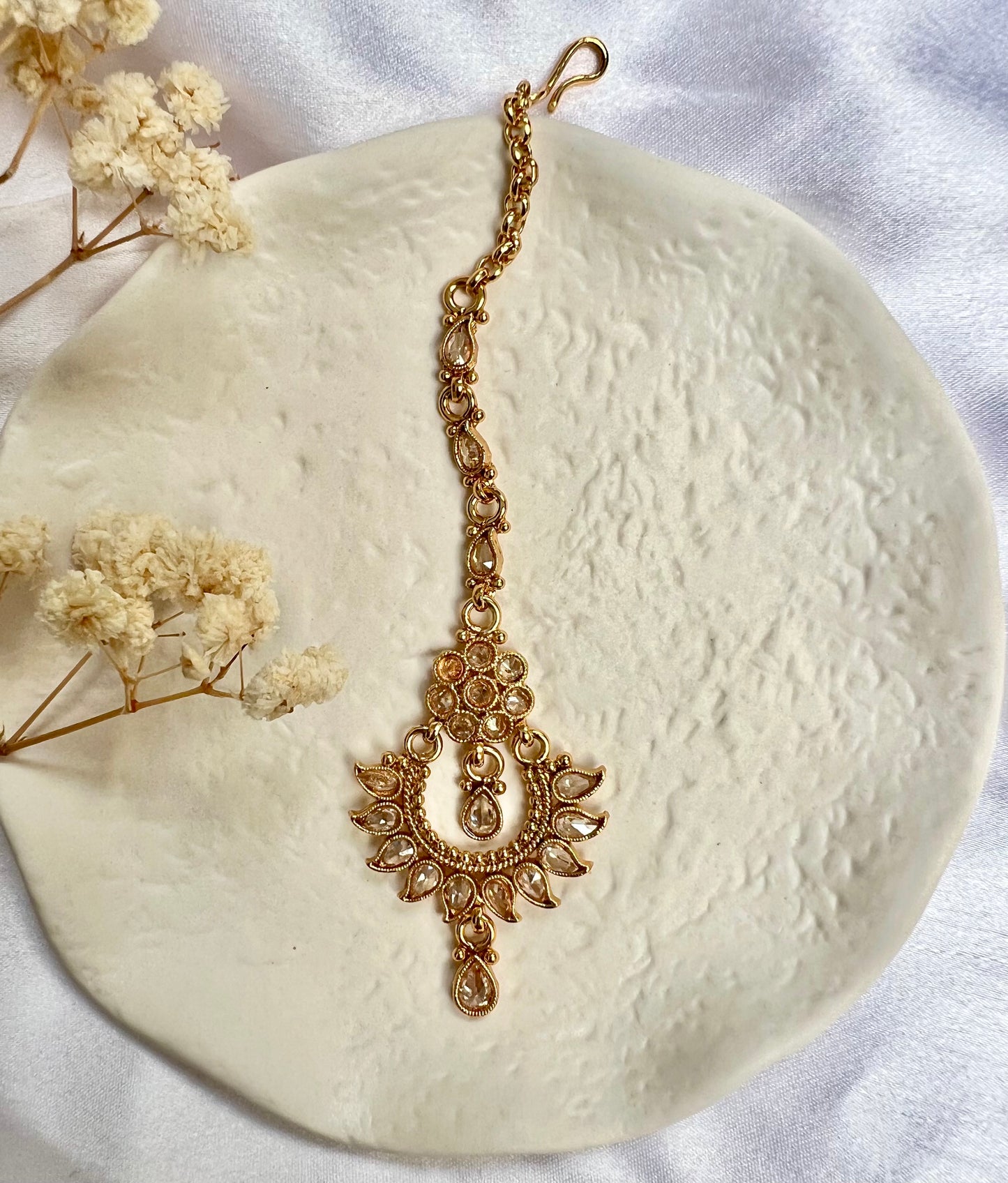 Small traditional gold plated clear stone maang tikka T3009