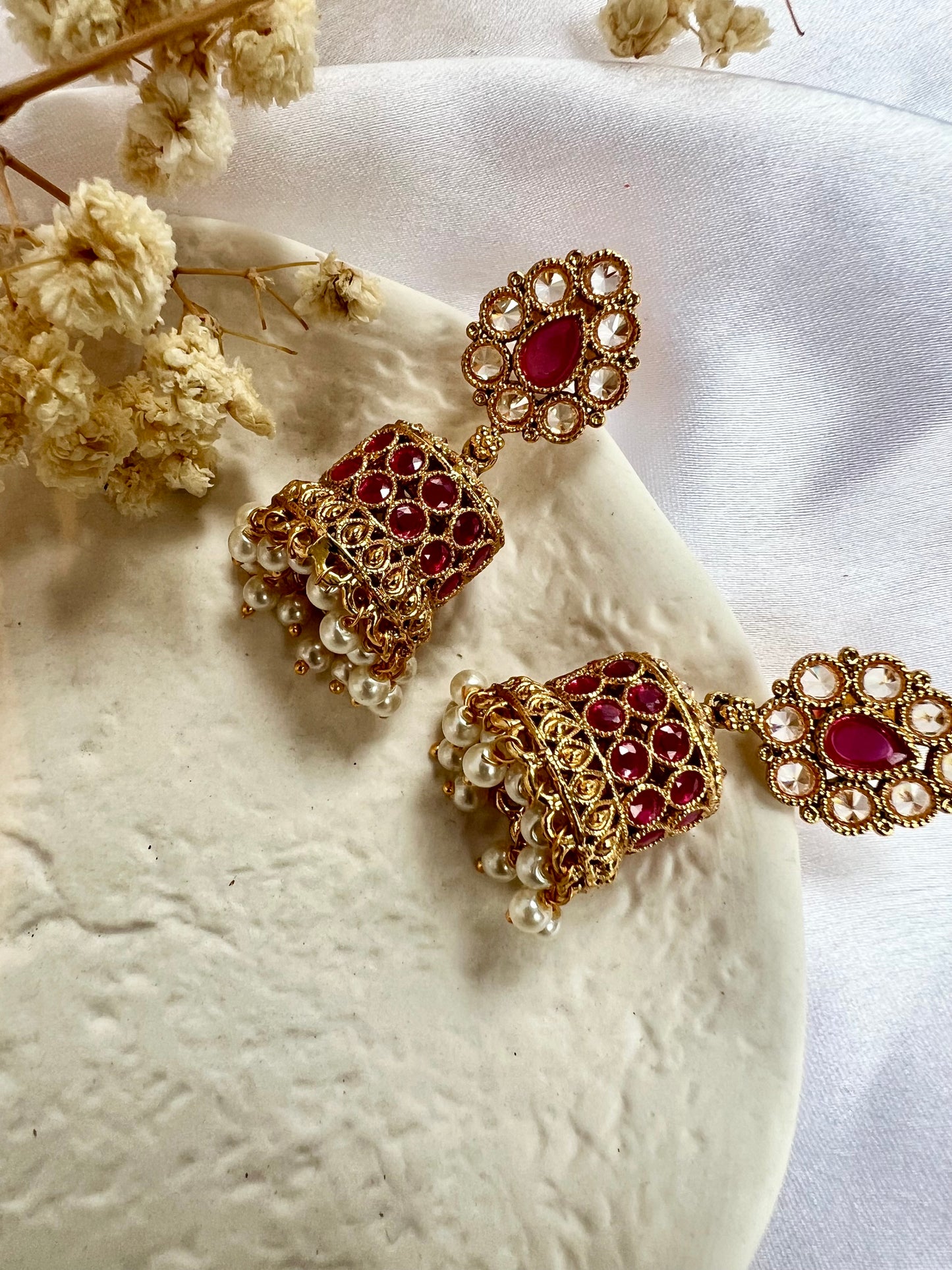 Golden short jhumkas with pearls in various colours E3035