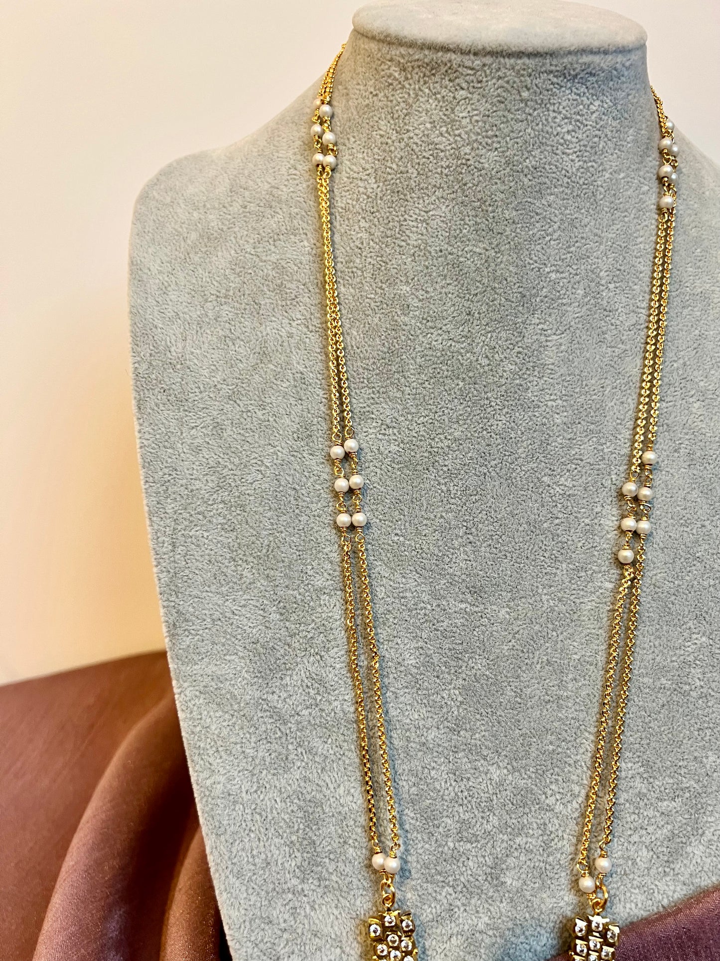 LAVO- Long pathakam lotus necklace with pearl chain N3187