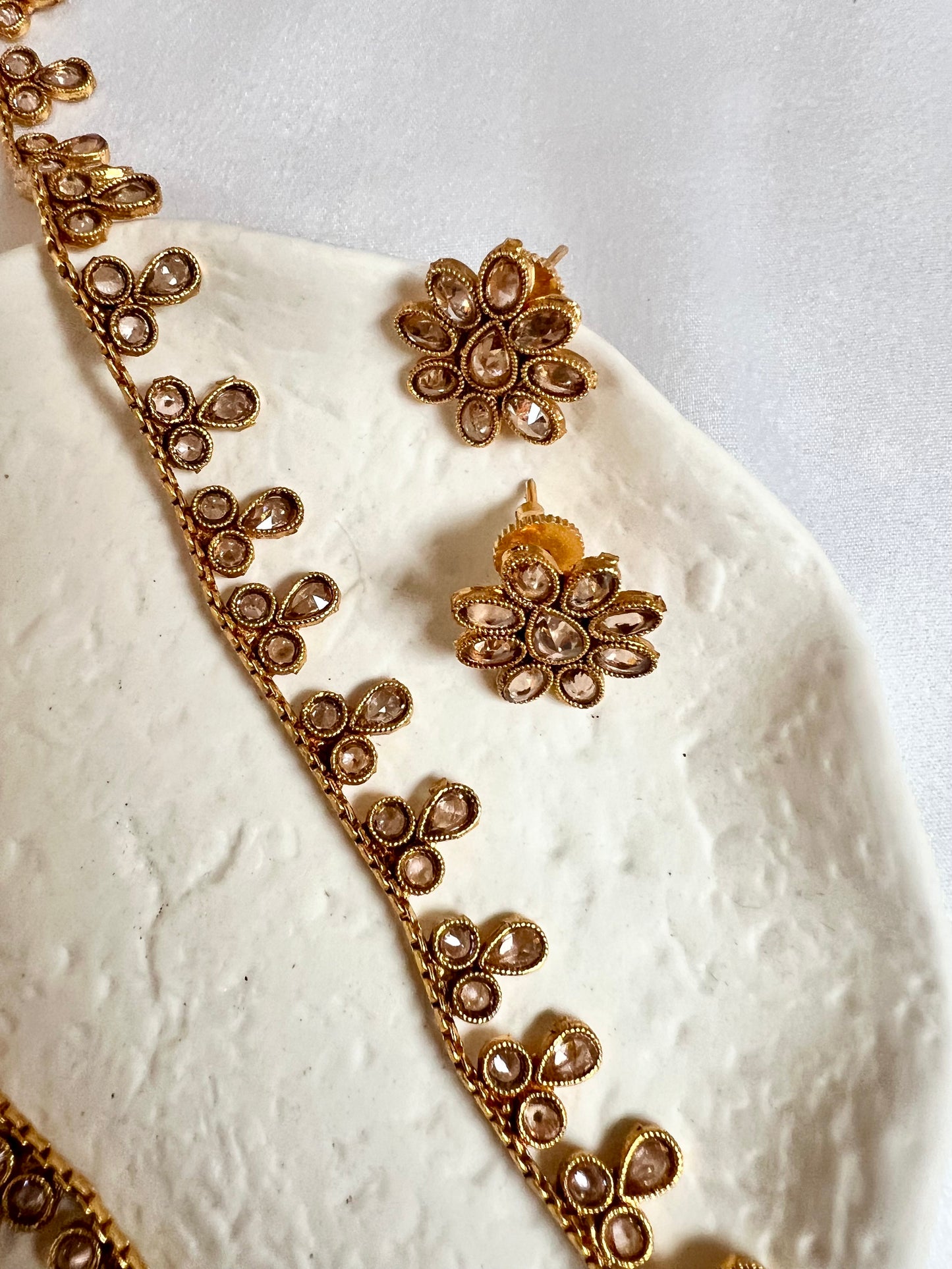 THANISHA - long kundan stone golden necklace with flat earrings N3211
