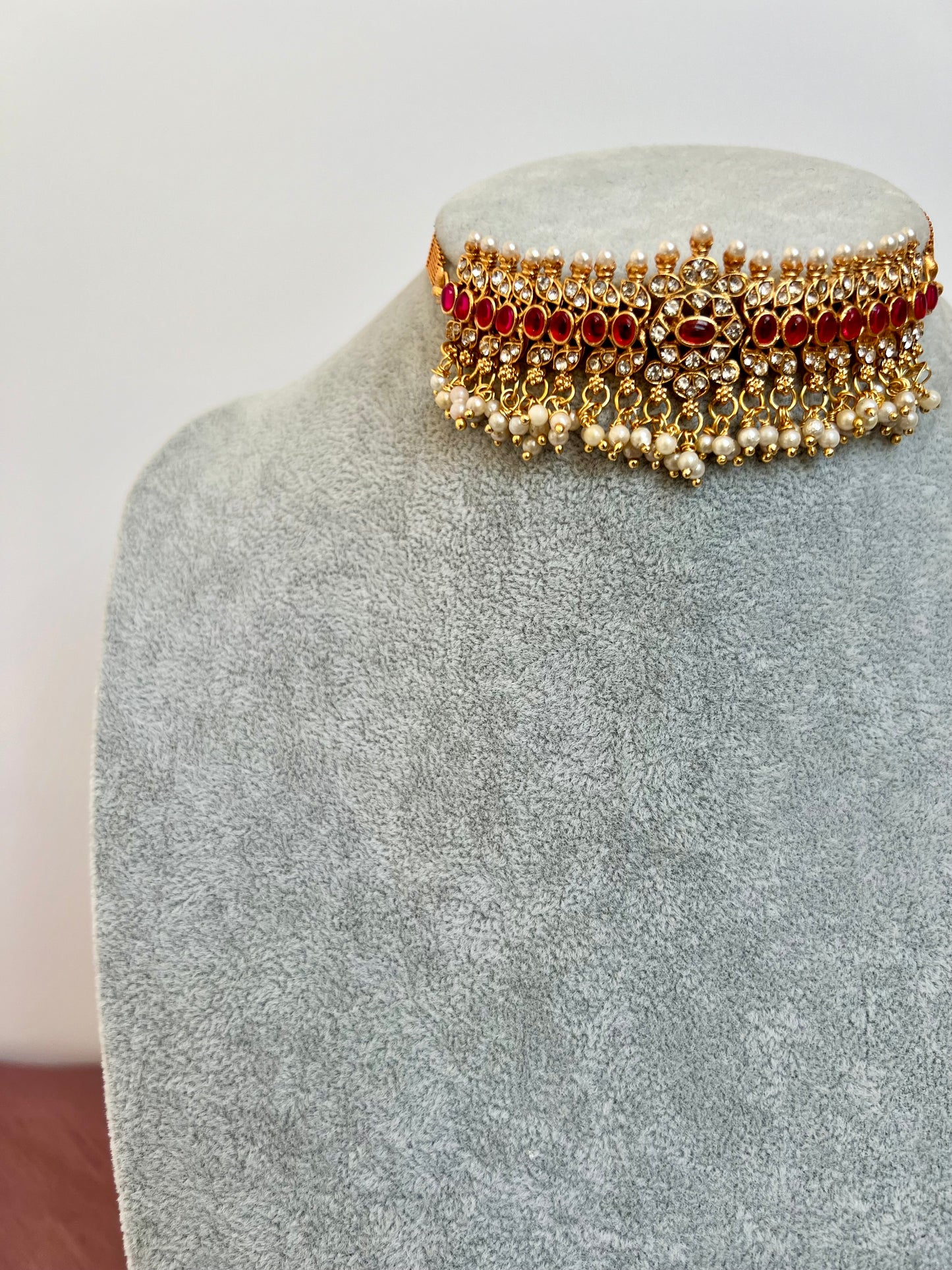 NEHA - Small choker red stoned necklace set with matching earrings N3089