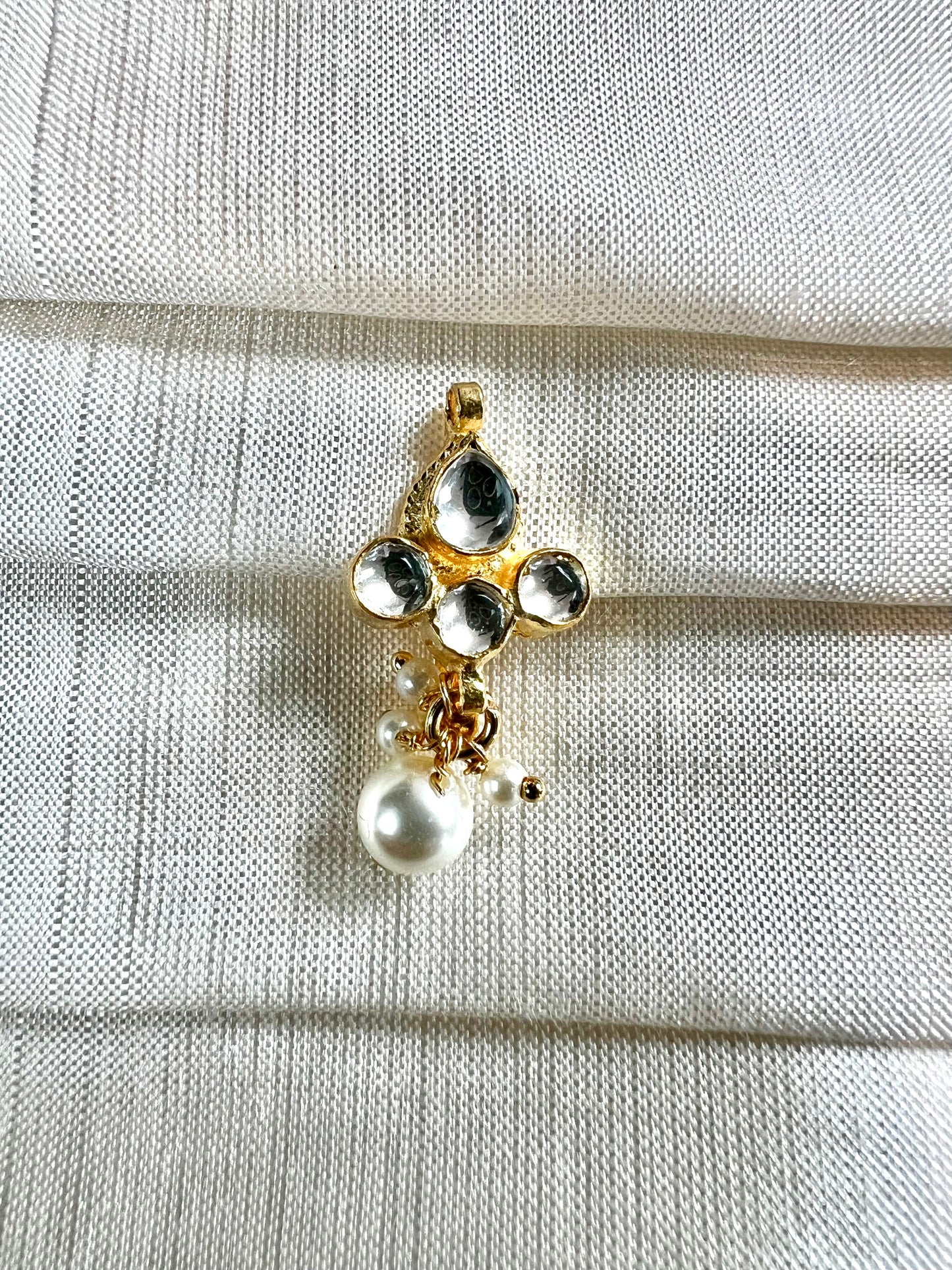 Kundan stone gold plated press in nose ring with pearls NR3071