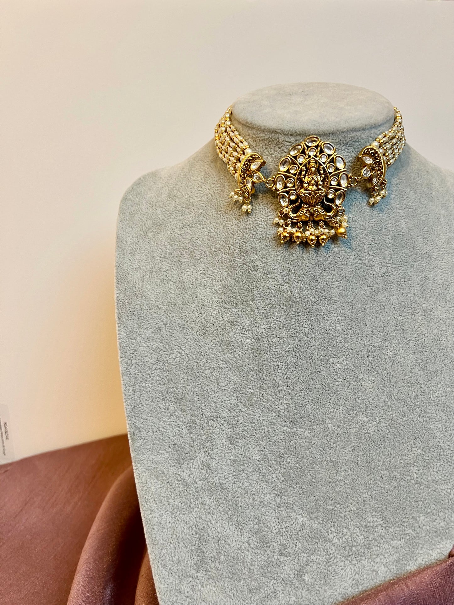 Antique temple pearl choker with golden balls and matching jhumkas N3172