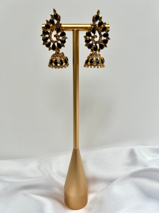 Golden jhumkas embellished with pearl shaped black stones E3058