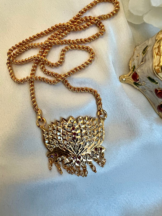 RUBI - Traditional long lotus impon pendant 24 inch with ruby and white N3095