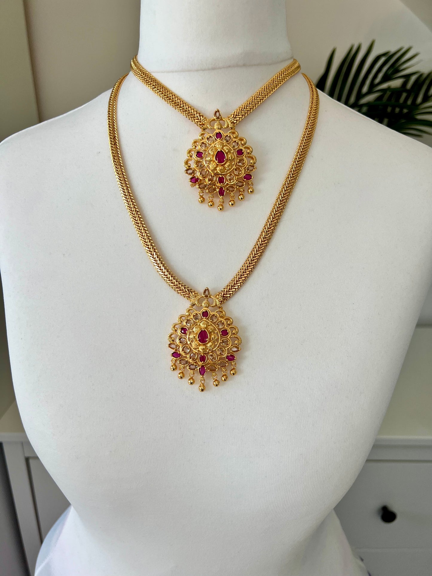 KALAI - Golden long and short ruby stoned necklace set N3071