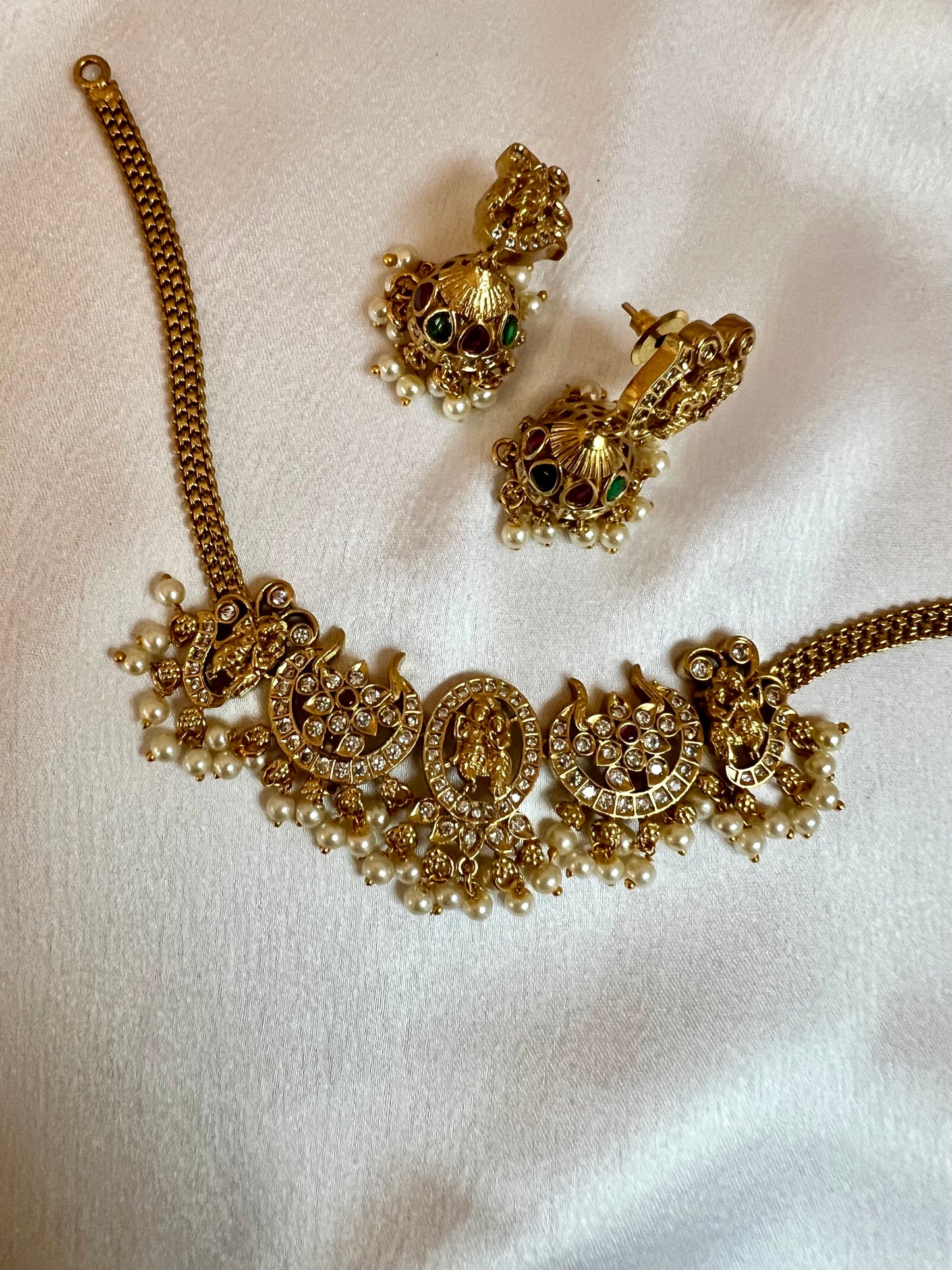 LAVOTHINI - golden temple small choker necklace with small jhumkas N3188