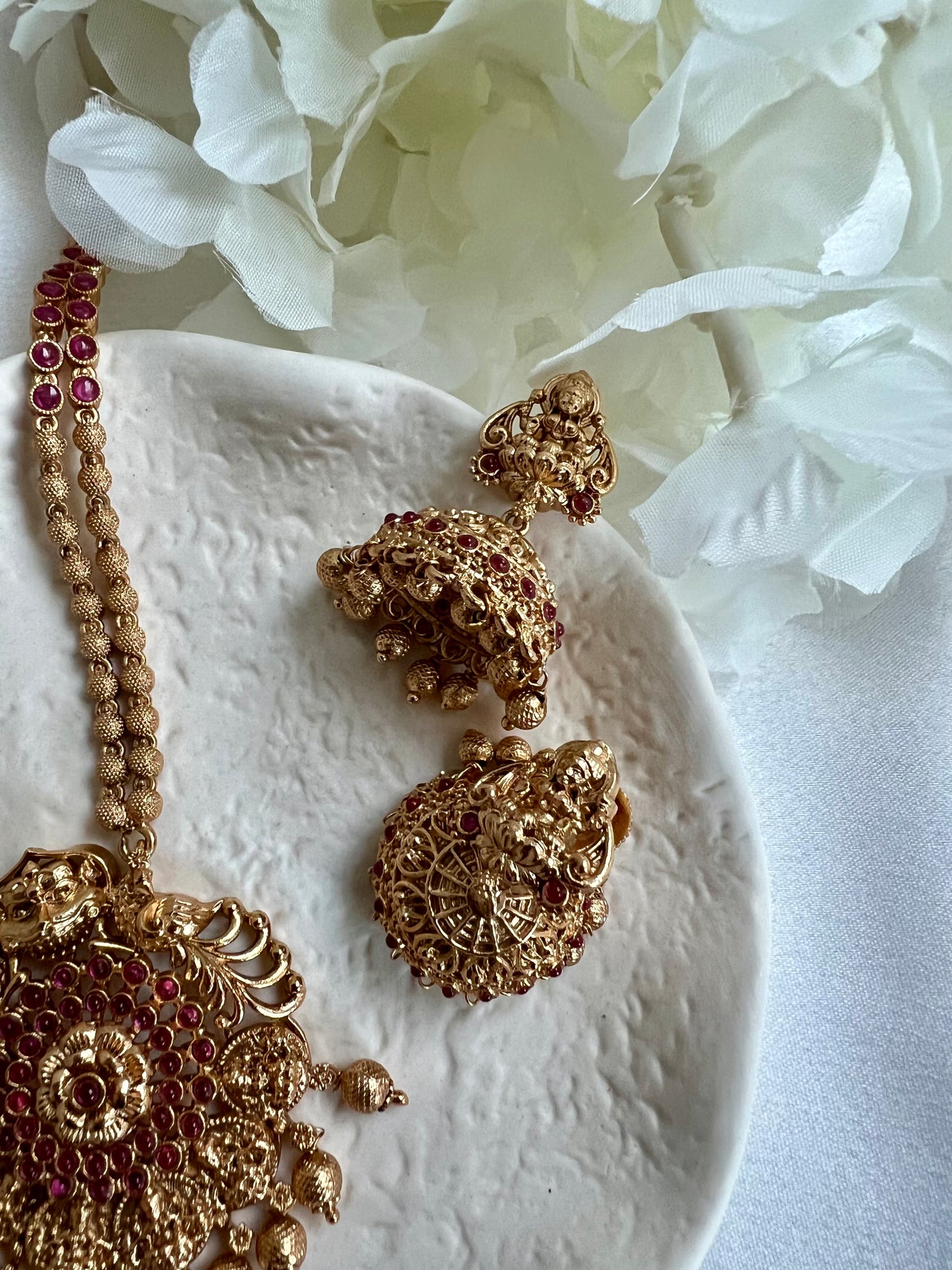 RADHA -Antique temple matte gold plated ruby necklace set with matching jhumkas N3023