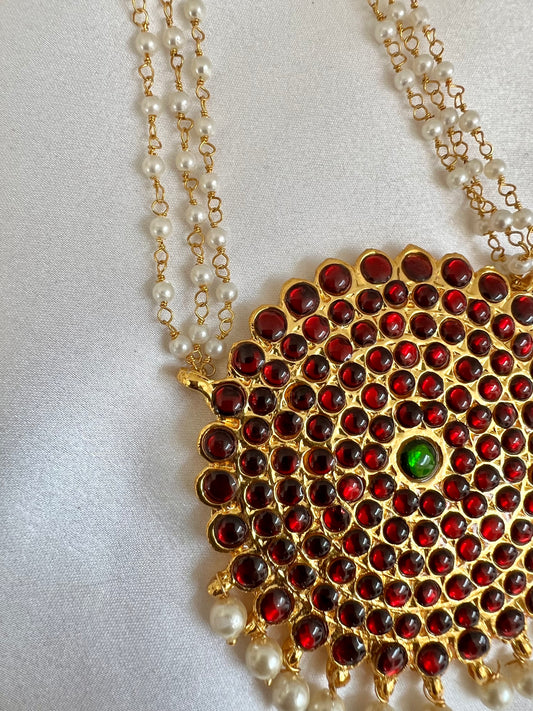 ABINA - Long traditional ruby kemp stone necklace with pearl chains N3134