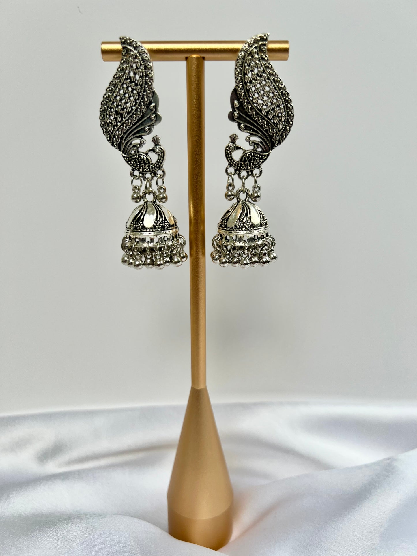 Antique silver long peacock shaped jhumkas earrings E3078
