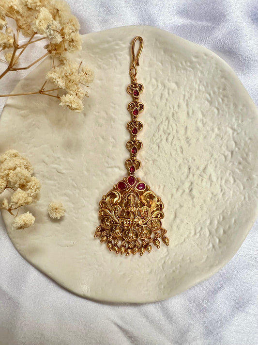 Antique temple matte gold plated ruby stone maang tikka T3012