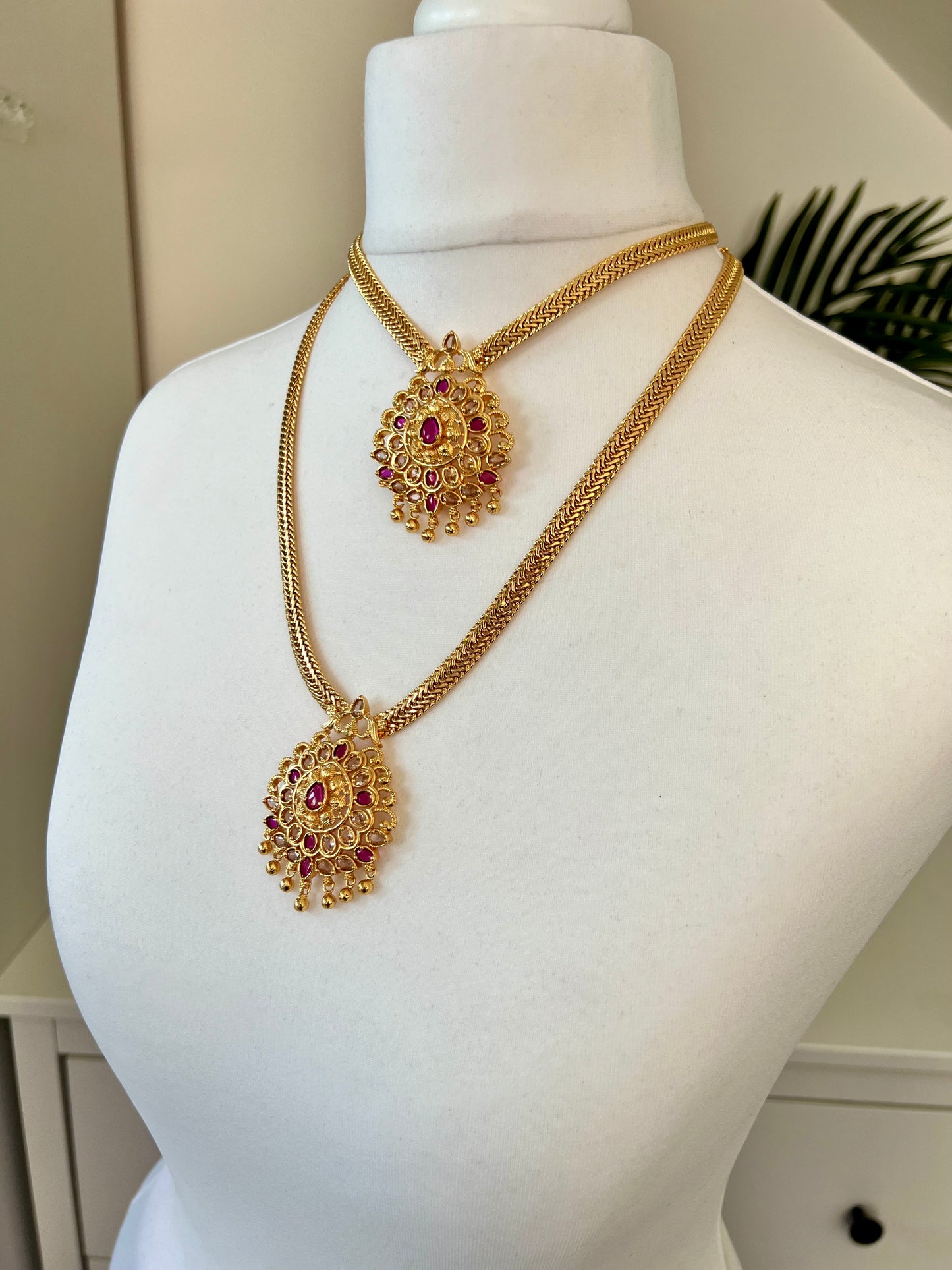 KALAI - Golden long and short ruby stoned necklace set N3071