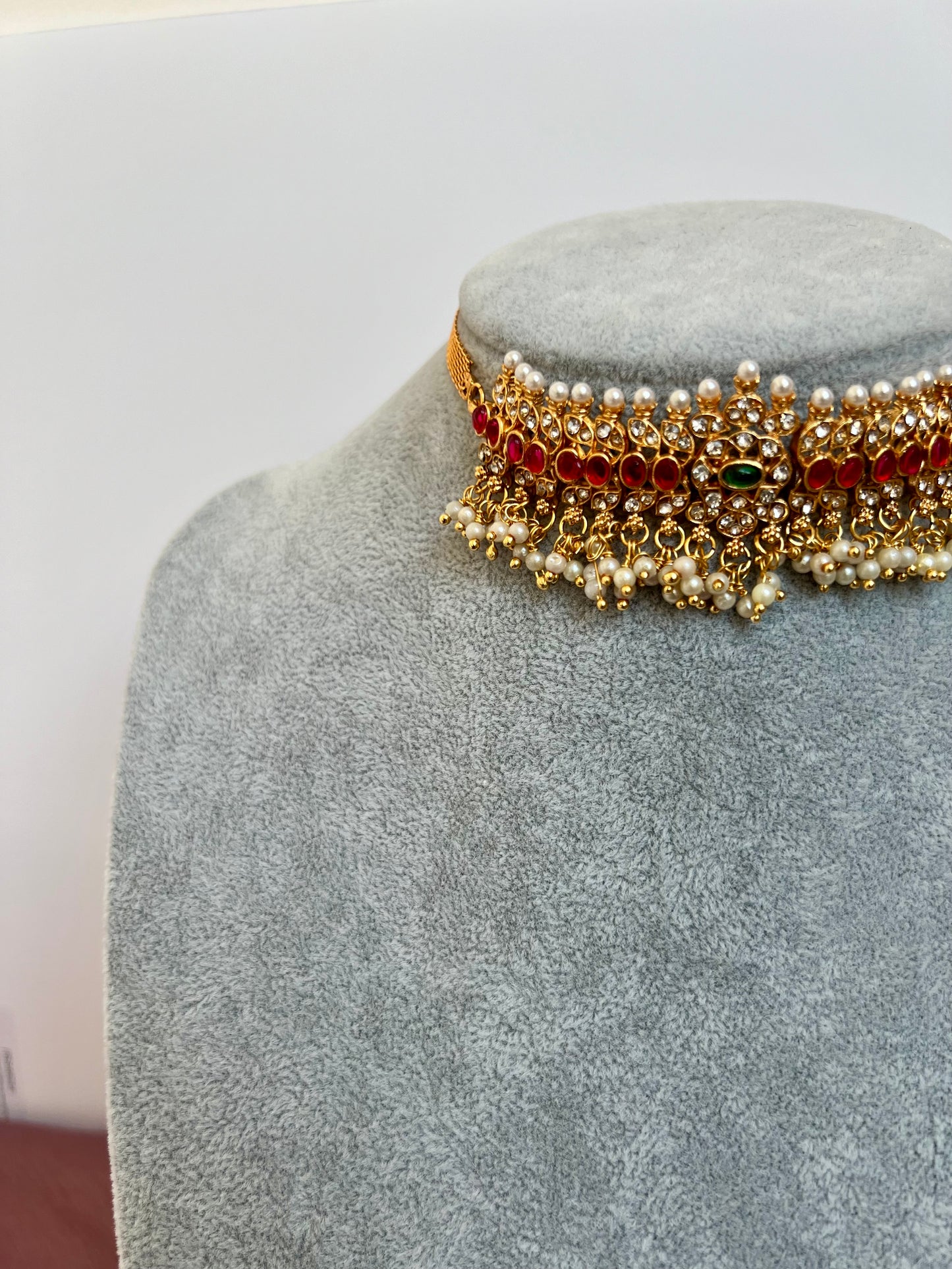 NEHA - Small choker red stoned necklace set with matching earrings N3089