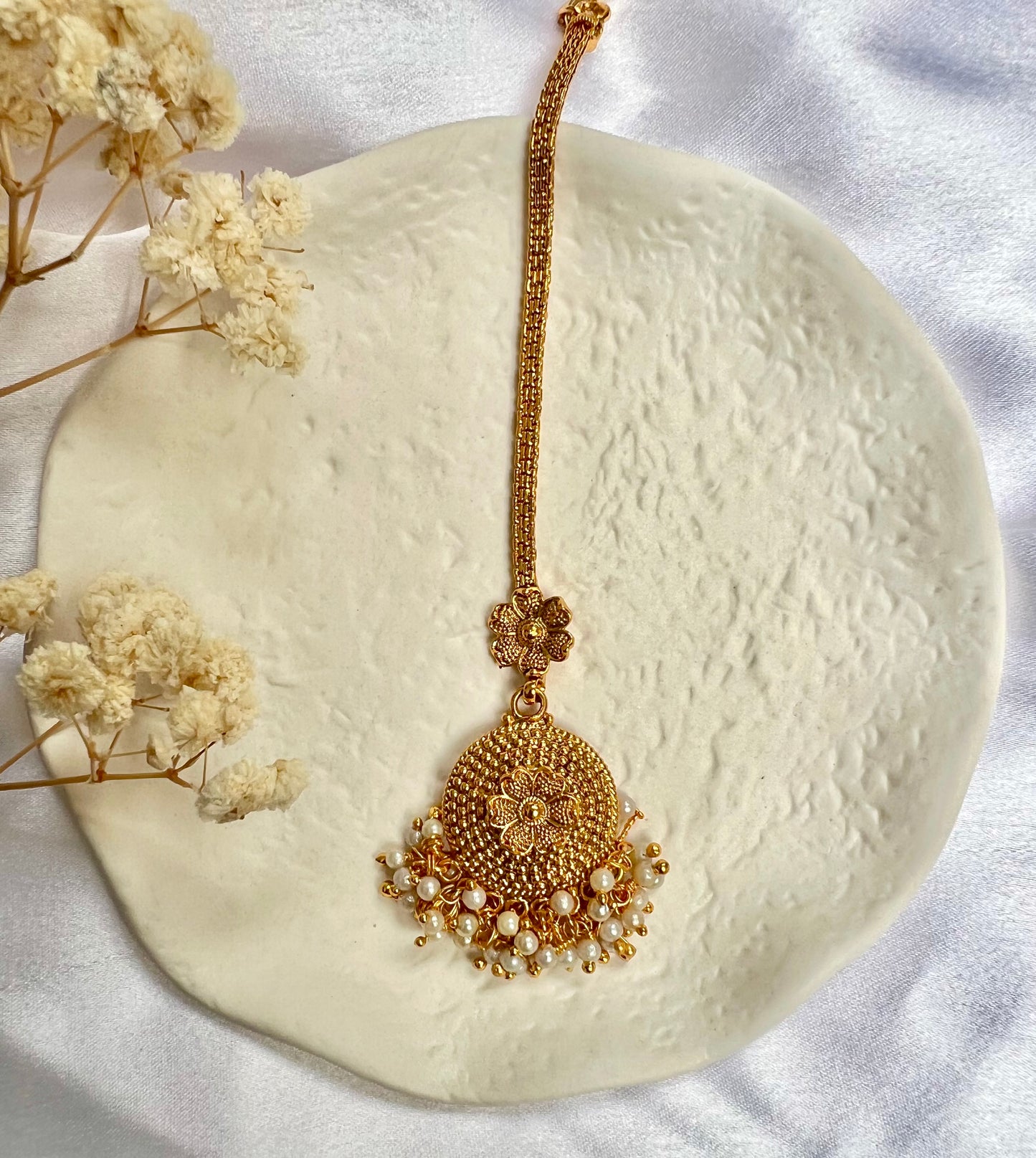 Small traditional gold plated white pearls maang tikka T3004