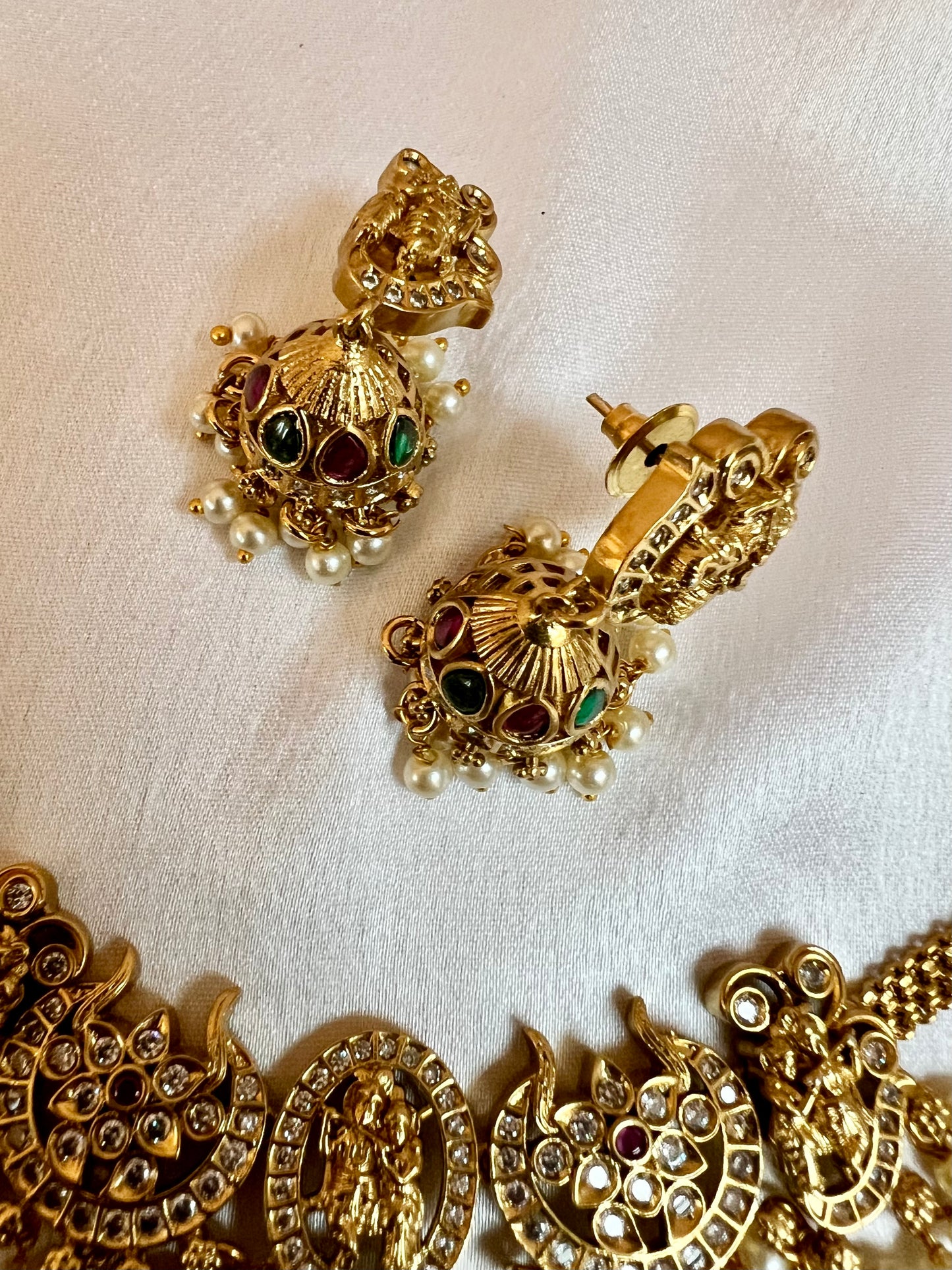 LAVOTHINI - golden temple small choker necklace with small jhumkas N3188