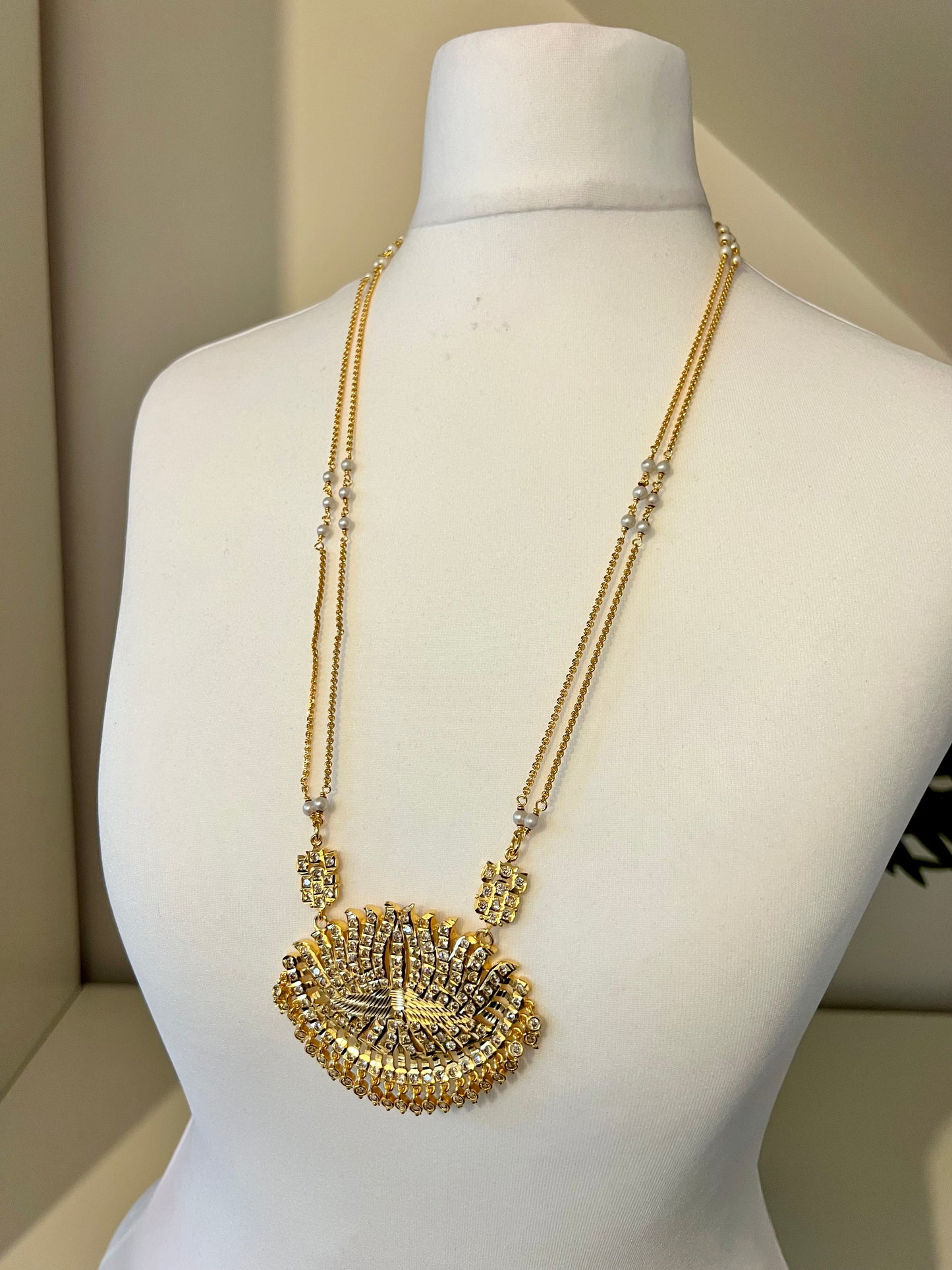 LAVO- Long pathakam lotus necklace with pearl chain N3187