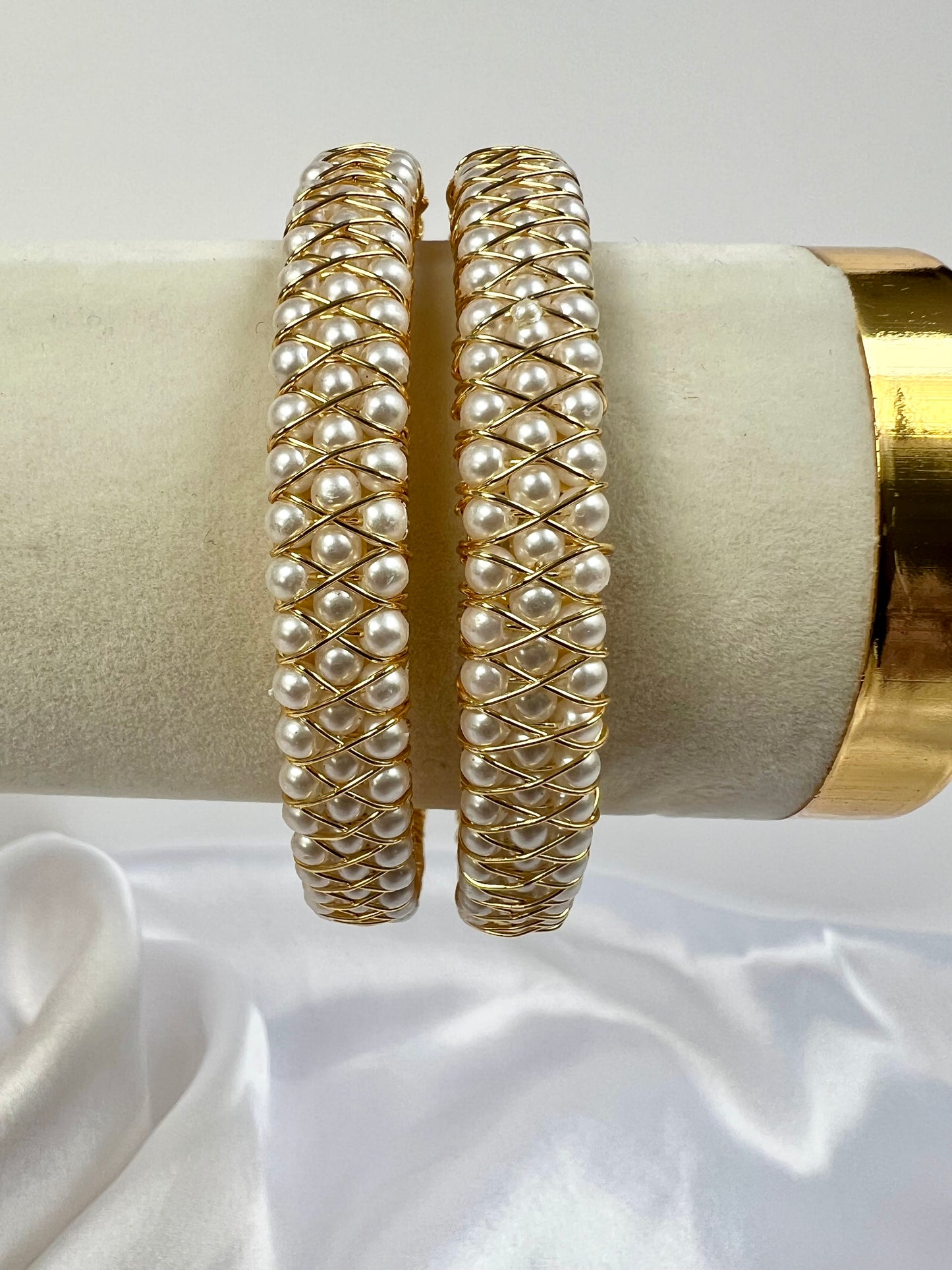 Classic Gold Bangles with Pearls and  Gold Plating , set of two B3011