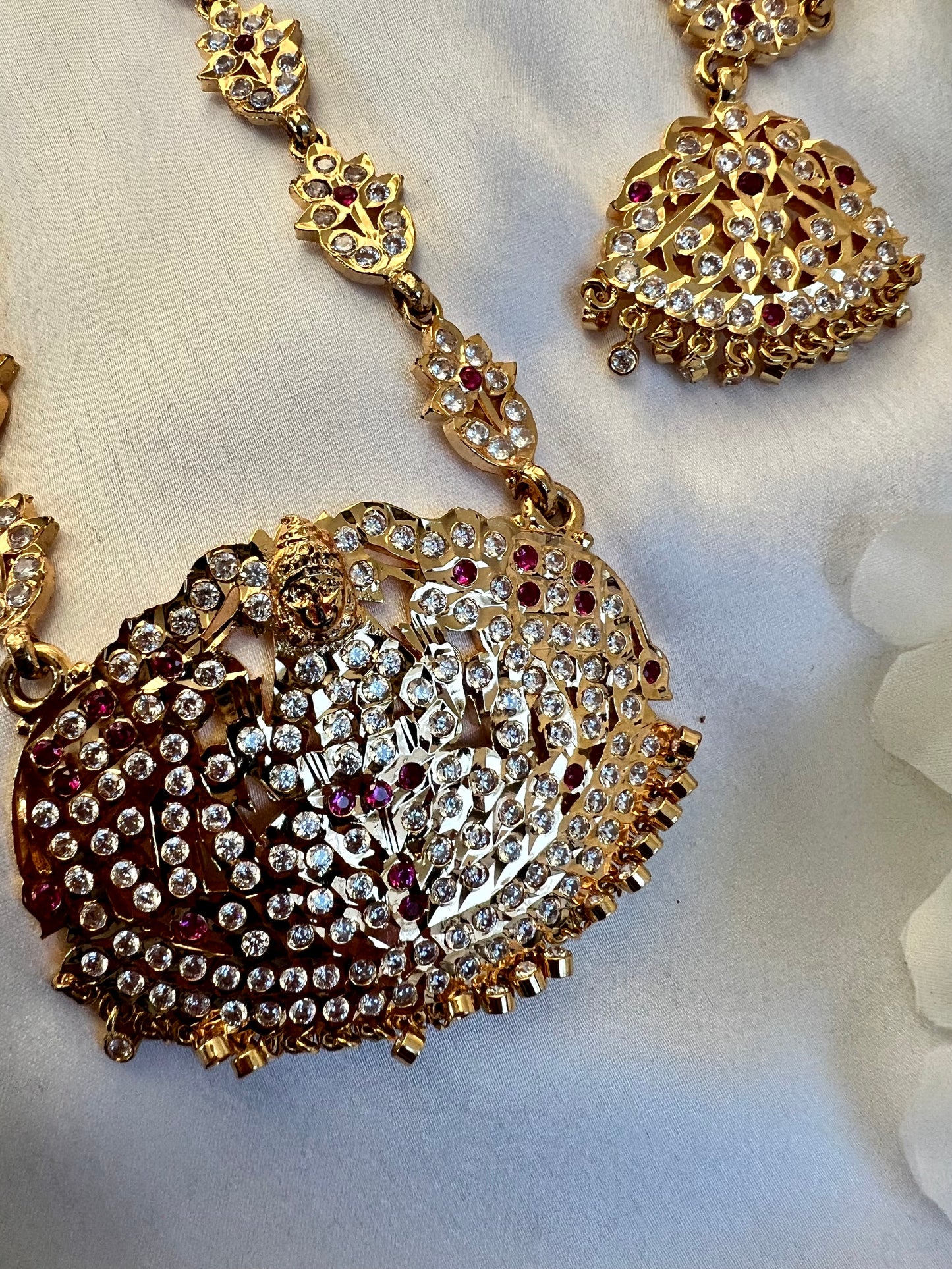 NAYANTHI - Impon south Indian ruby attigai with a matching long necklace embellished with white stones N3039