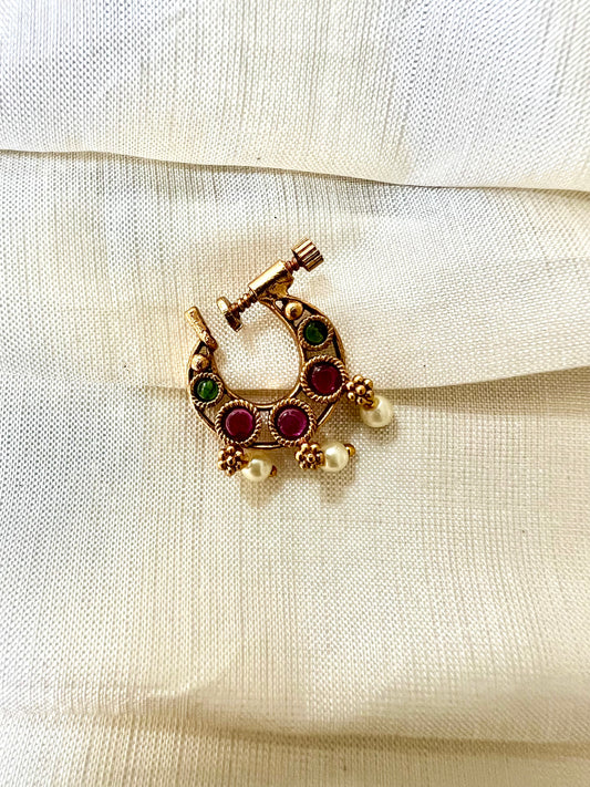 Antique rubygreen pearl gold plated nosering NR3001
