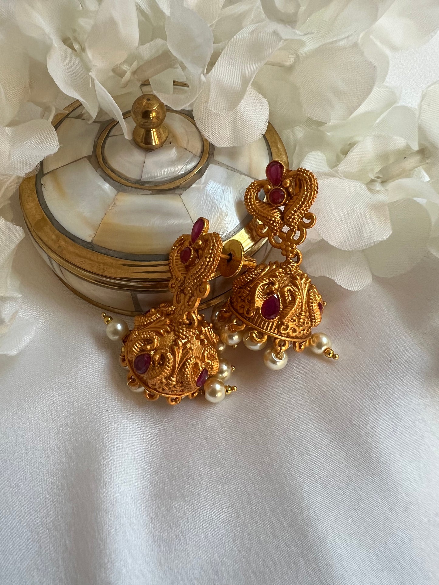 TAHA ruby -Antique temple necklace set in ruby with matching earrings N3006