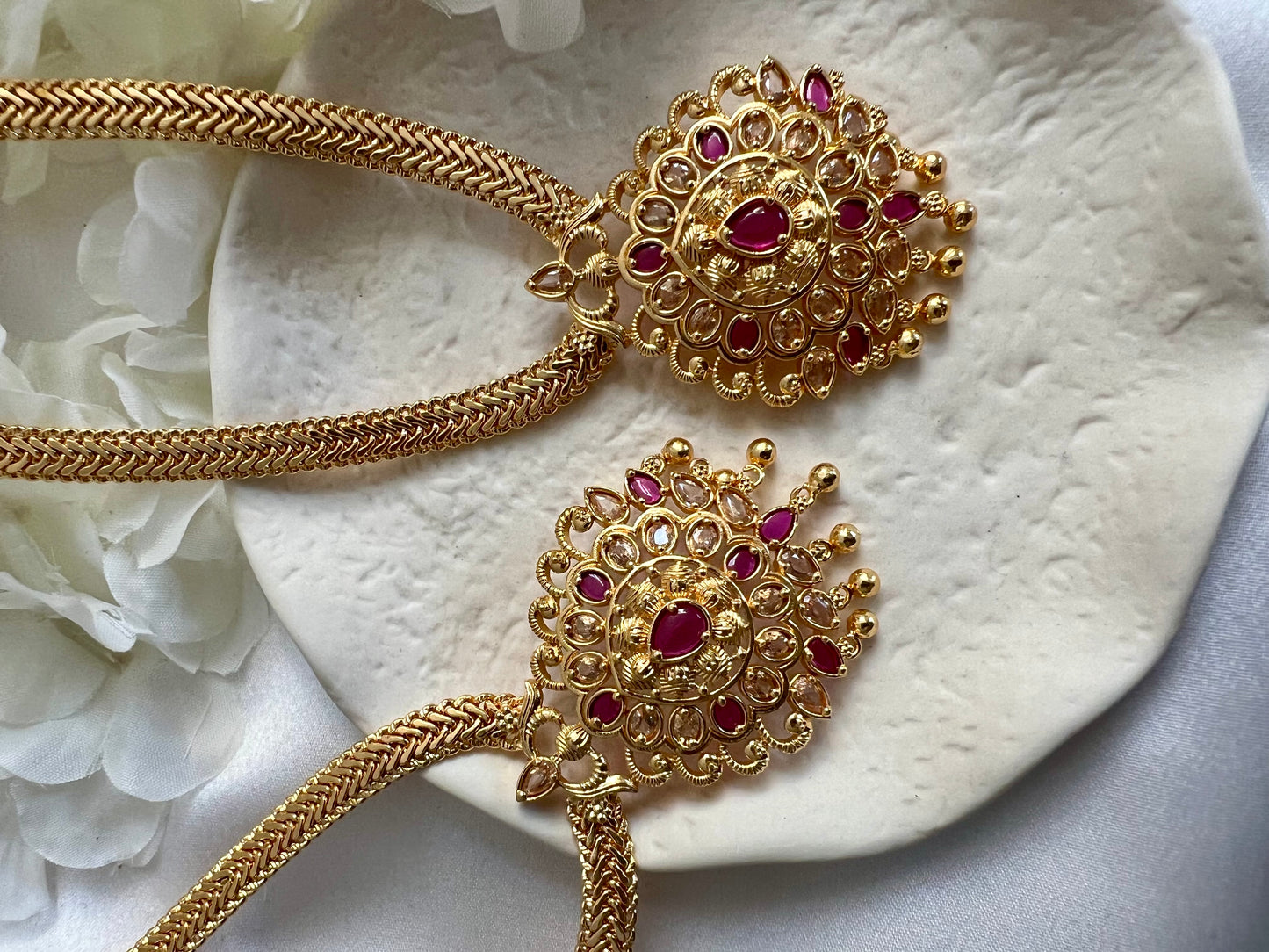 KALAI - Golden long and short ruby stoned necklace set N3071