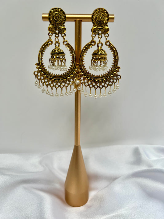 Antique gold dangling jhumkas hoop earring with pearls E3057