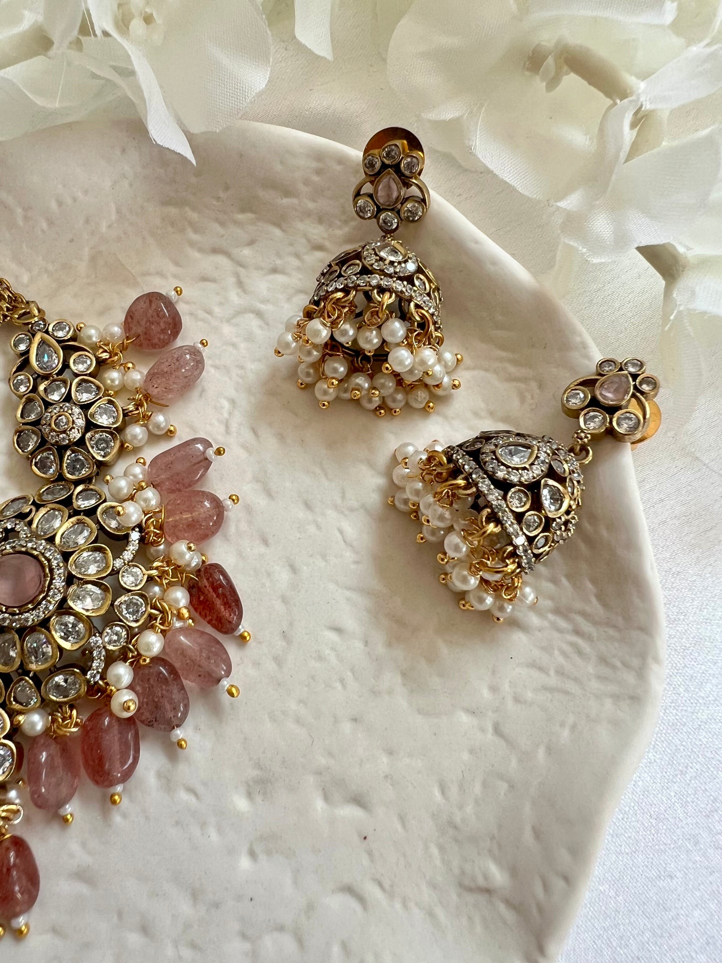 NANDINI - Small antique mehndi plated white stone with pink and white pearl choker and jhumkas N3099